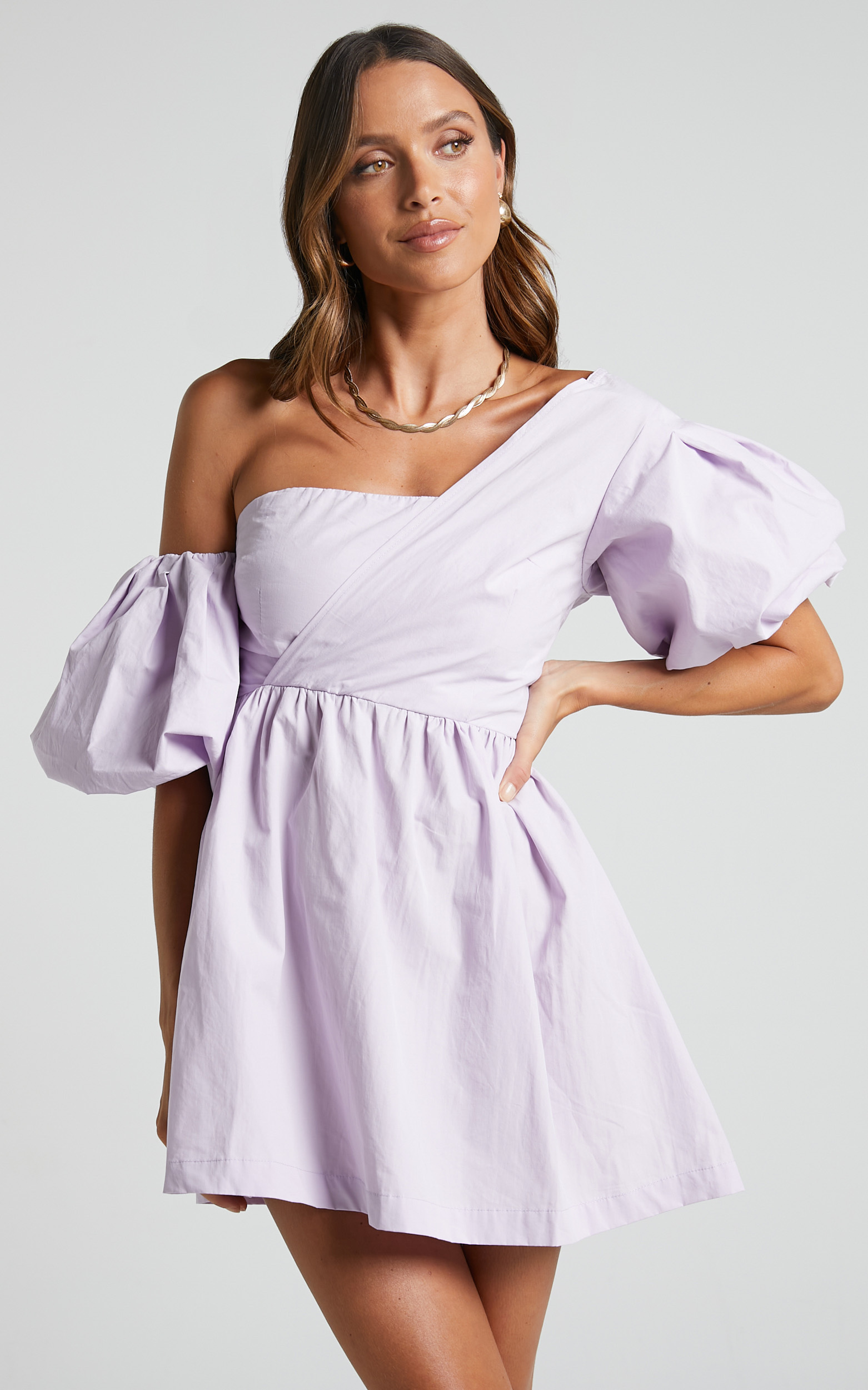 Sula Mini Dress - Asymmetric Off One Shoulder Puff Sleeve Dress in Lilac - 04, PRP1, hi-res image number null