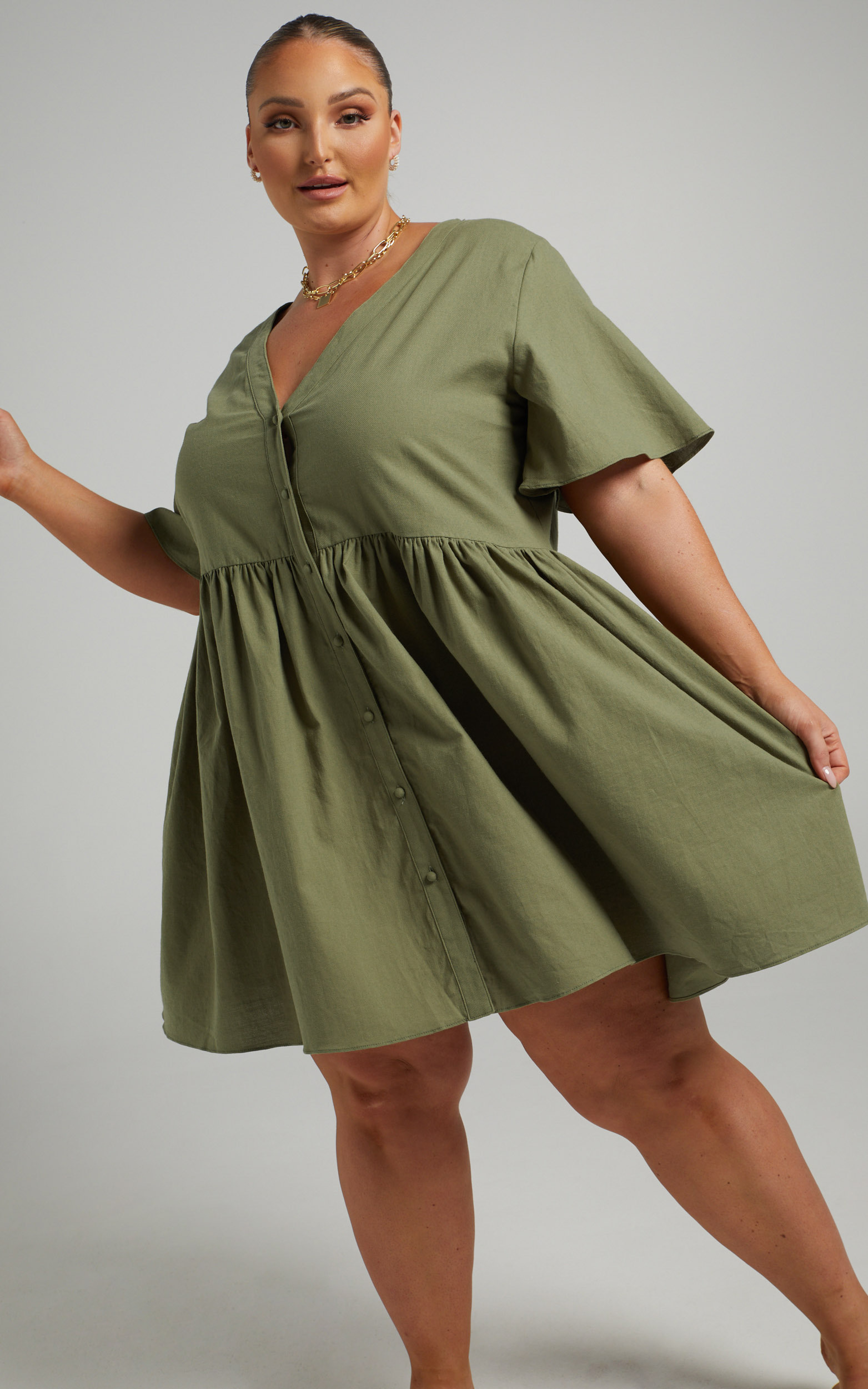 Staycation Smock Button Up Mini Dress in Khaki - 04, GRN2, hi-res image number null