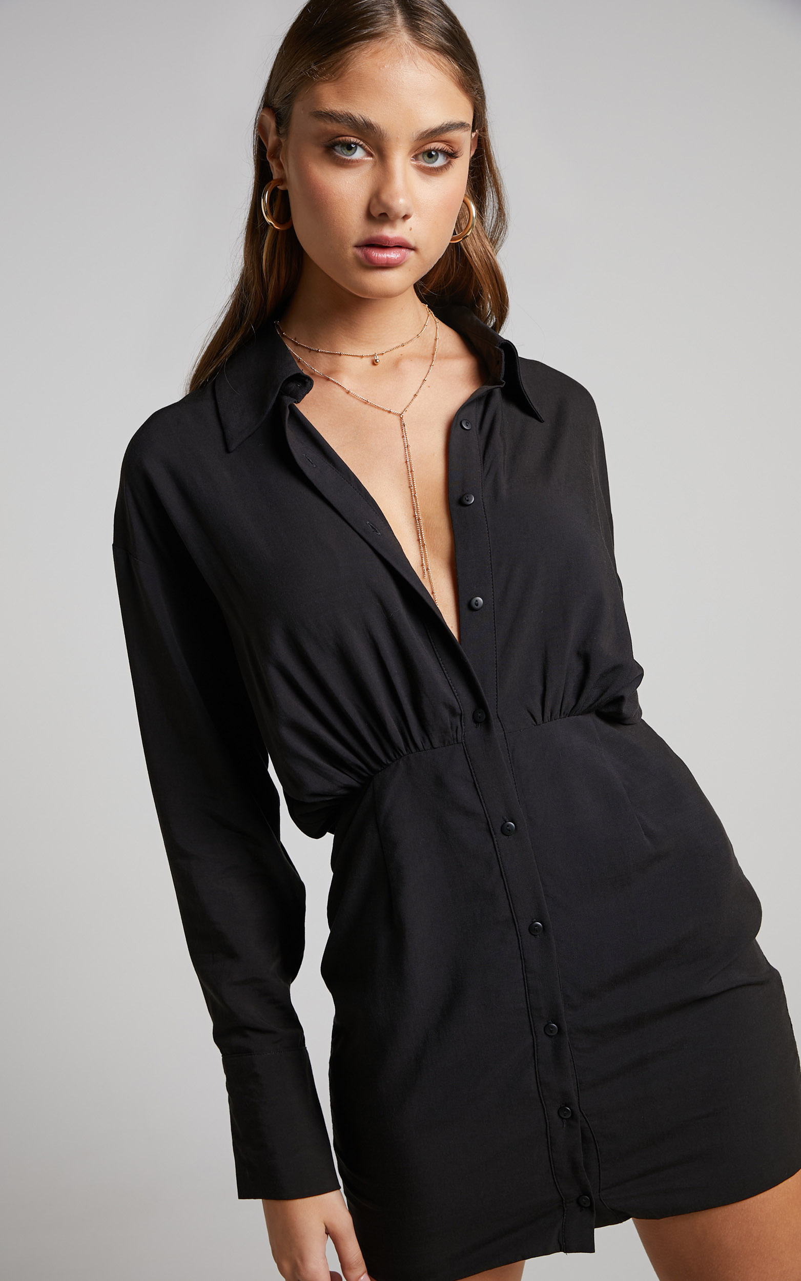 Norie Mini Dress - Button Up Long Sleeve Shirt Dress in Black - 04, BLK1, hi-res image number null
