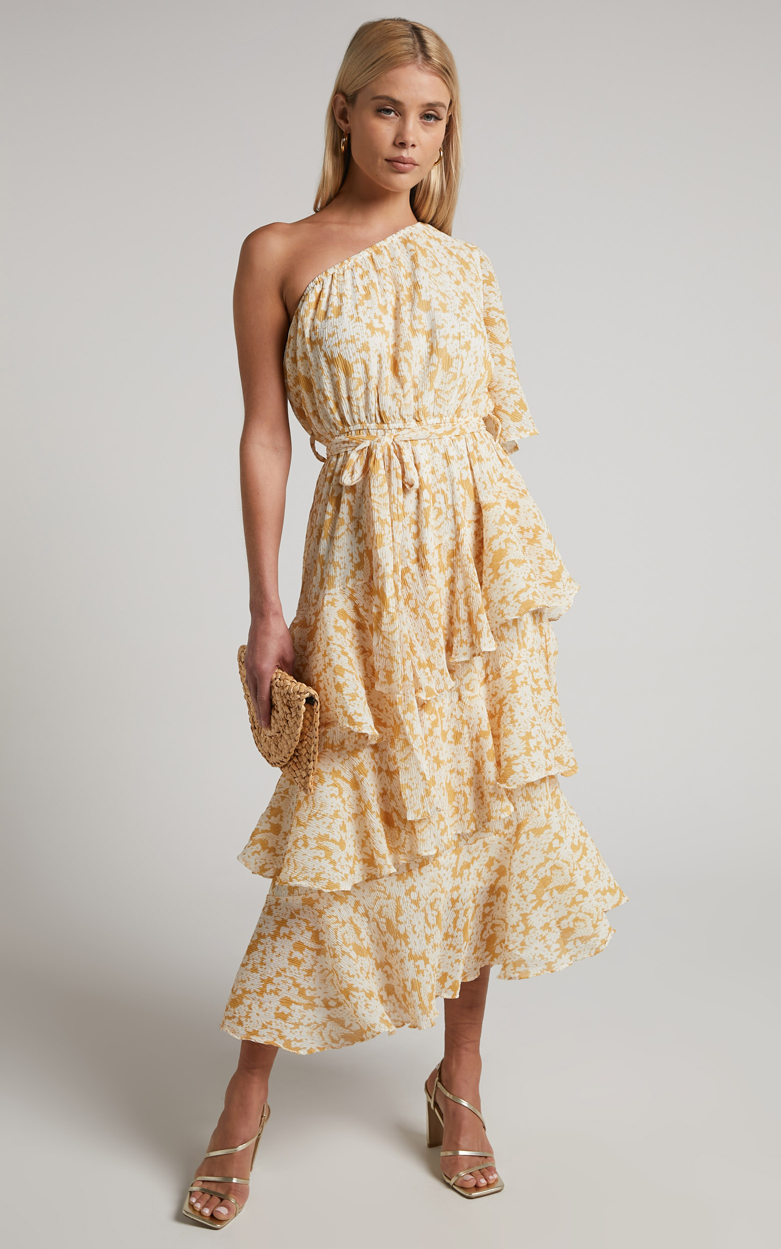 Charlise Midi Dress - Tiered One Shoulder Dress in Yellow Floral - 08, YEL1, hi-res image number null
