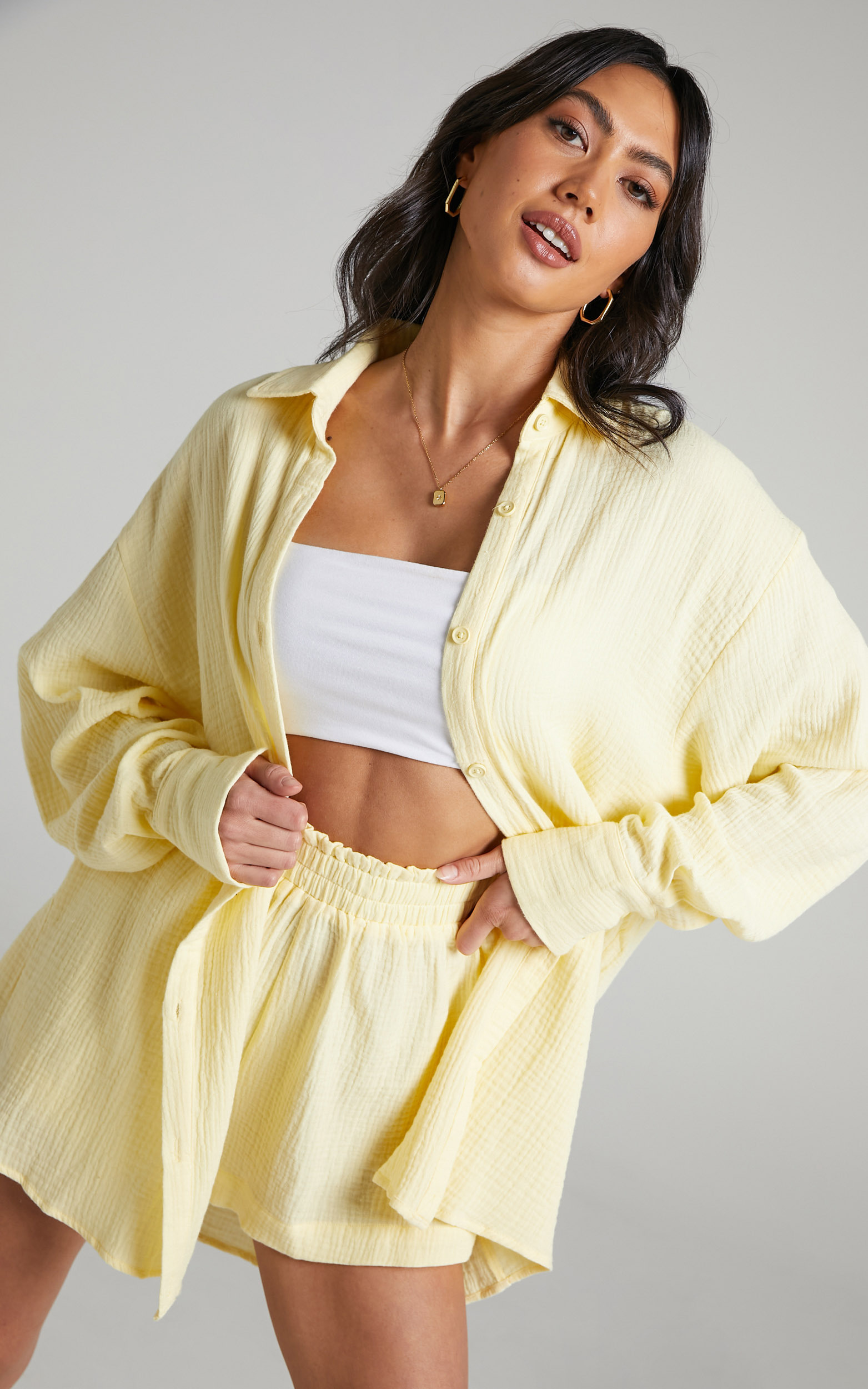 Yvaine Oversized Long Sleeve Button Up Shirt in Lemon - 06, YEL2, hi-res image number null