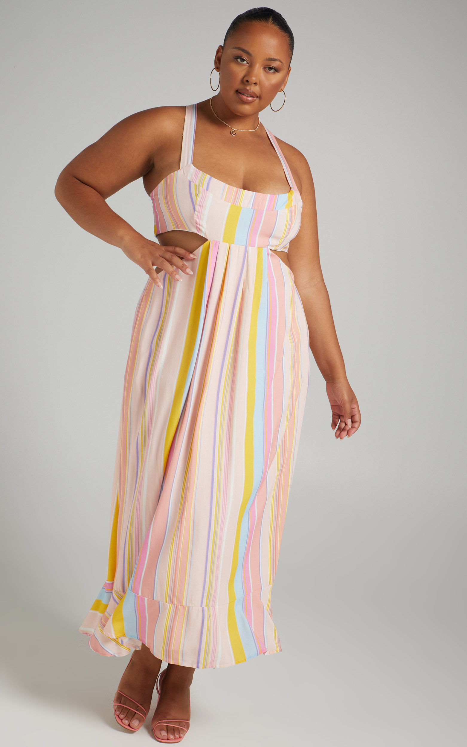 Vanny Cross Back Tie Up Maxi Dress in Summer Multi Stripe - 04, PNK1, hi-res image number null