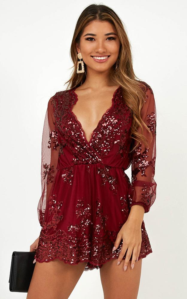What Comes Around playsuit in wine sequin, Wine, hi-res image number null