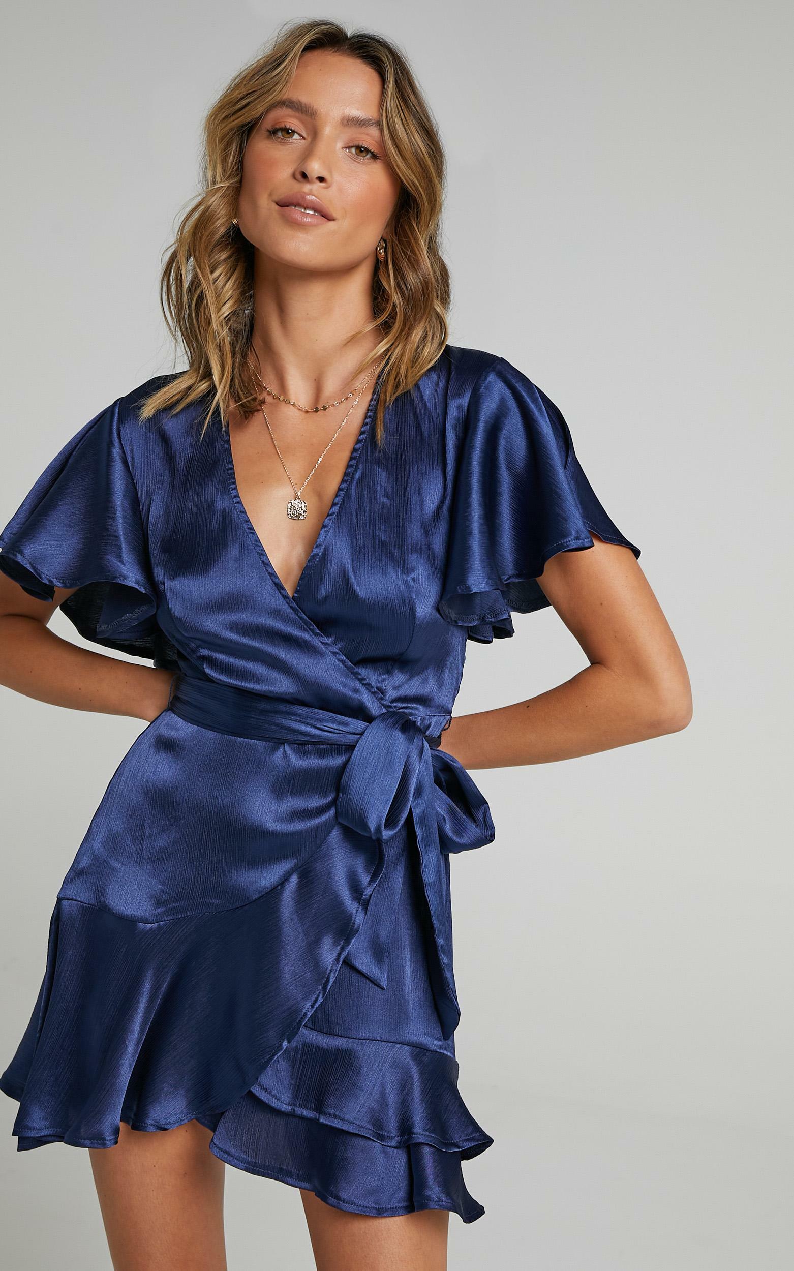 All I Want To Be Ruffle Mini Dress in Navy Satin - 04, NVY3, hi-res image number null