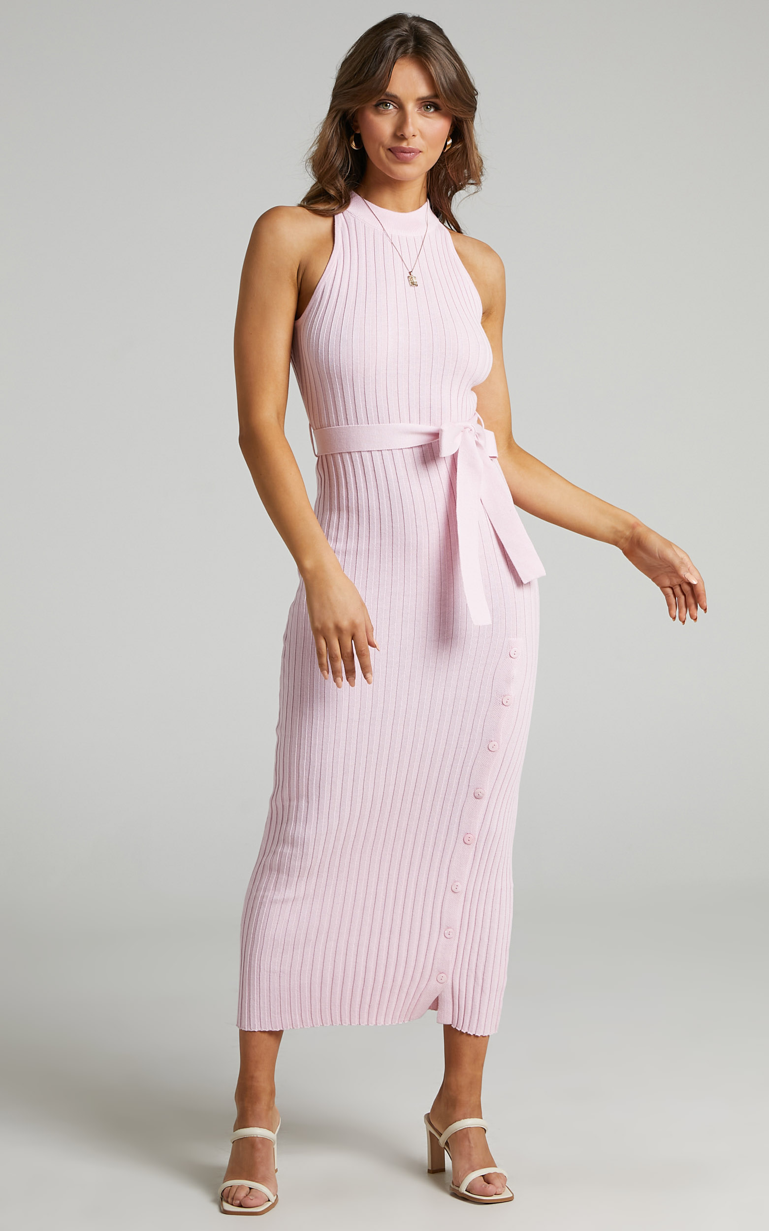 Verona High Neck Maxi Knit Dress with Button Up Split in Ice Pink - 06, PNK1, hi-res image number null