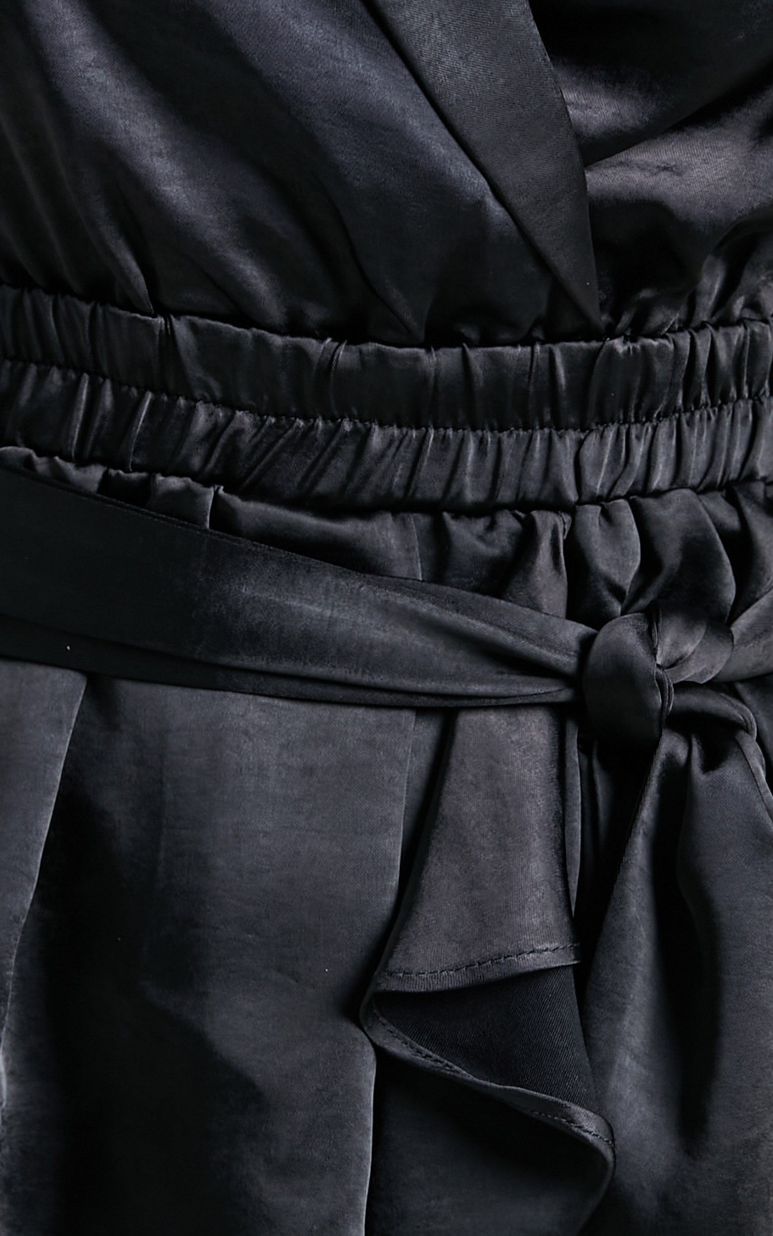 Leo Long Sleeve Wrap Neckline Playsuit in Black Satin | Showpo