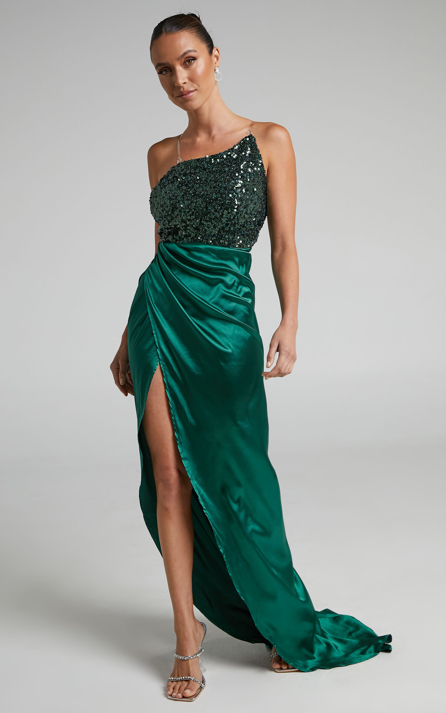 Tiffania High Split Asymmetric Sequin Bodice Strapless Maxi Dress in Emerald - S, GRN1, hi-res image number null
