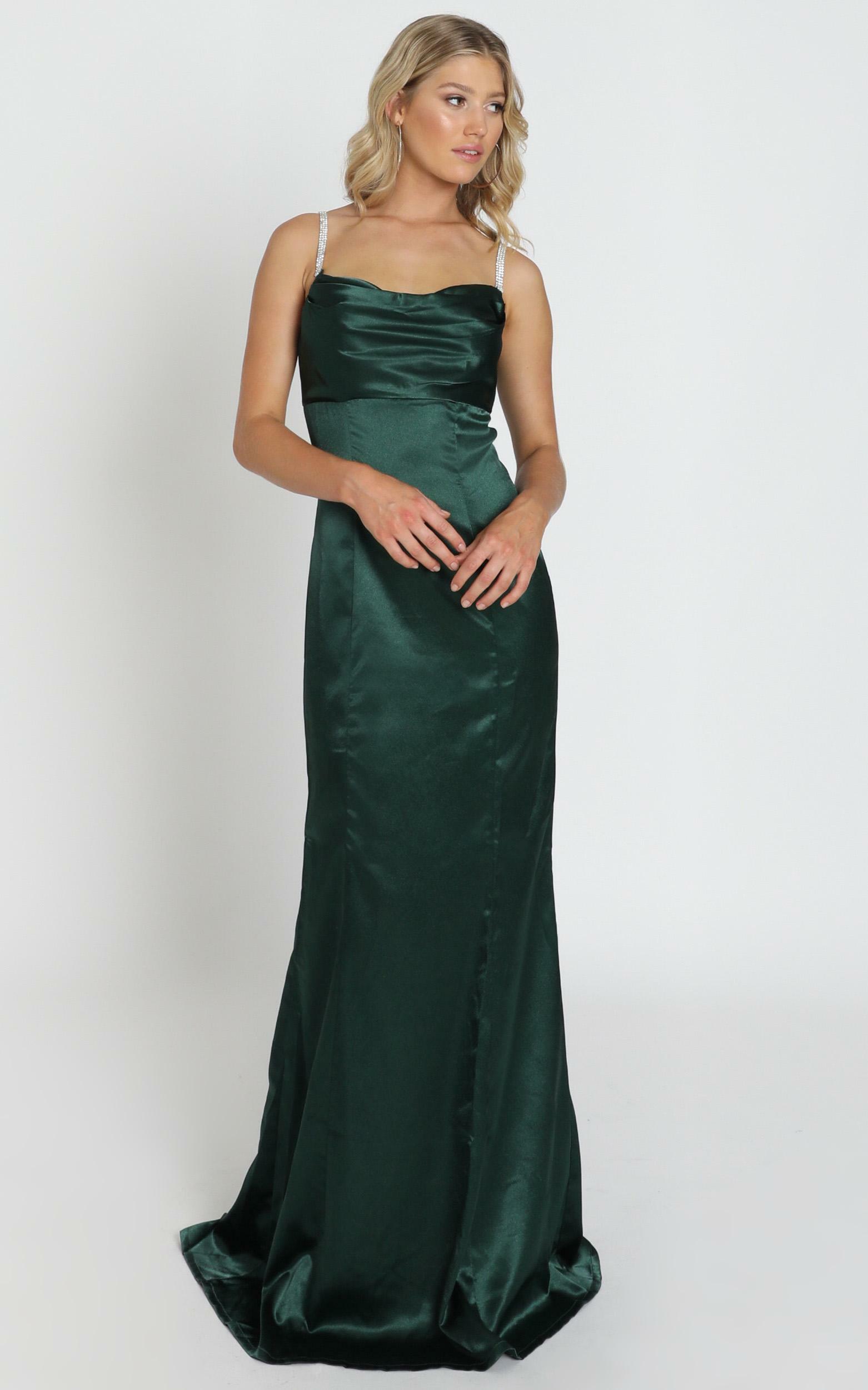 Alysha Diamante Strap Maxi Dress In emerald green satin - 8 (S), Green, hi-res image number null
