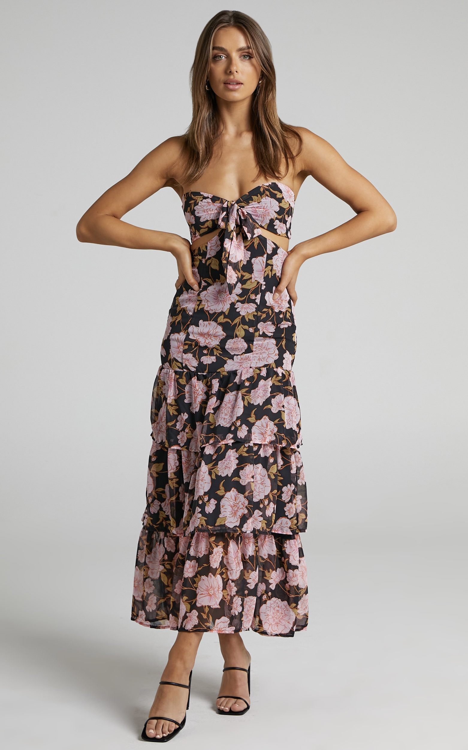 Cherrie Halter Neck Cut Out Tiered Midi Dress in Romantic Floral - 06, BLK1, hi-res image number null