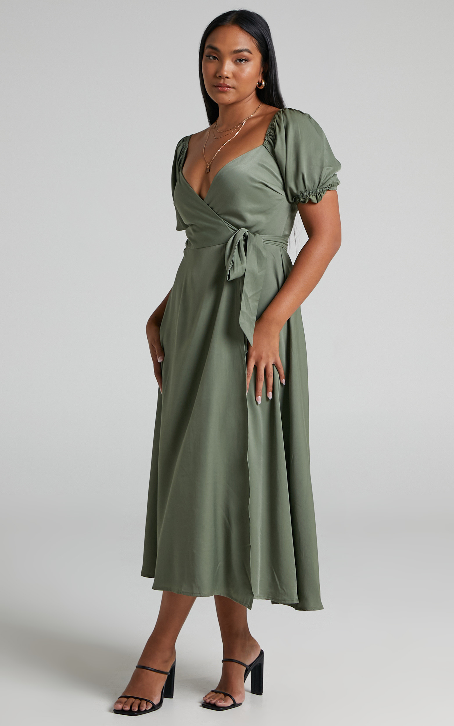 Cressida Puff Sleeve Wrap Midi Dress in Olive | Showpo EU