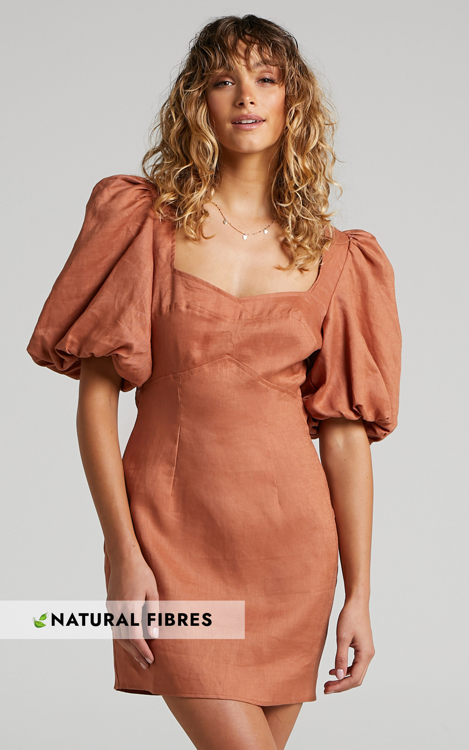 Amalie The Label - Empriss Linen Open Back Balloon Sleeve Mini Dress in Rust - 06, BRN1, hi-res image number null