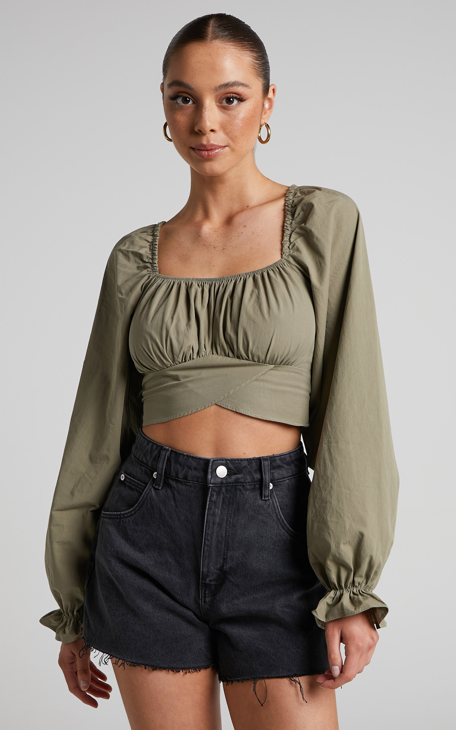 Verne Blouse - Long Sleeve Ruched Blouse in Khaki - 06, GRN1, hi-res image number null