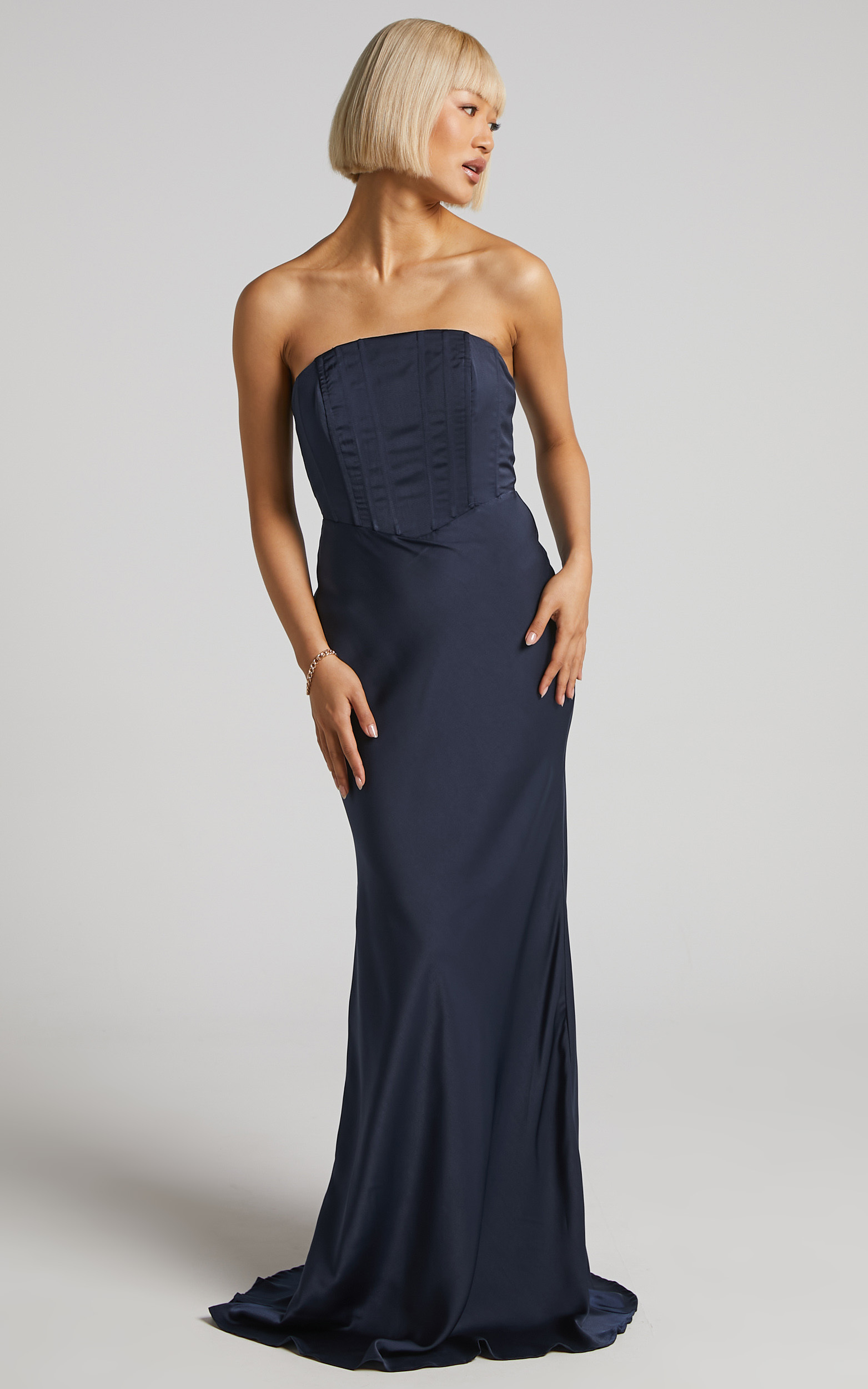 Scarlett Maxi Dress - Strapless Corset Satin Dress in Navy - 04, NVY2, hi-res image number null
