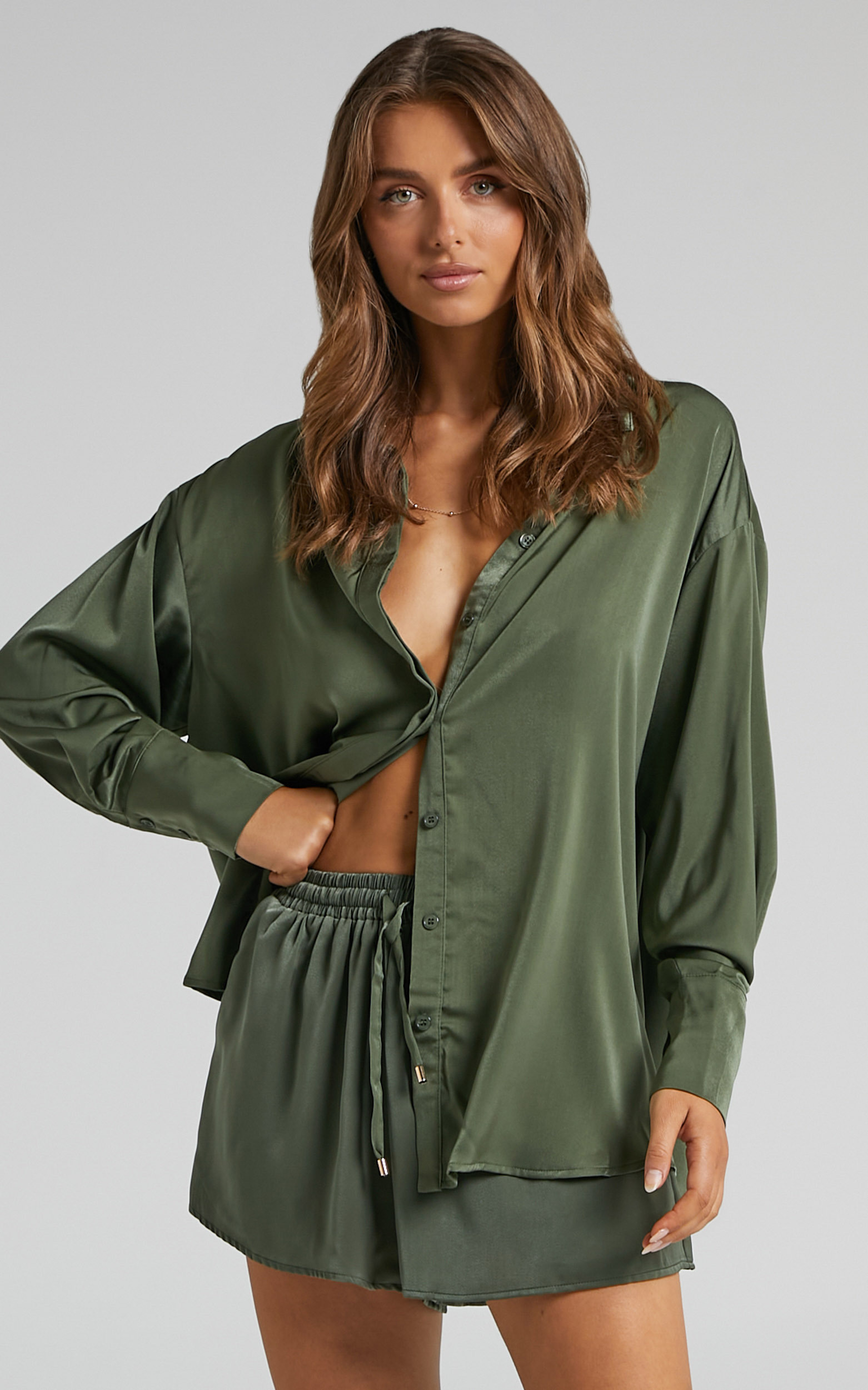 Azurine Oversized Button Up Satin Shirt in Olive - 06, GRN1, hi-res image number null