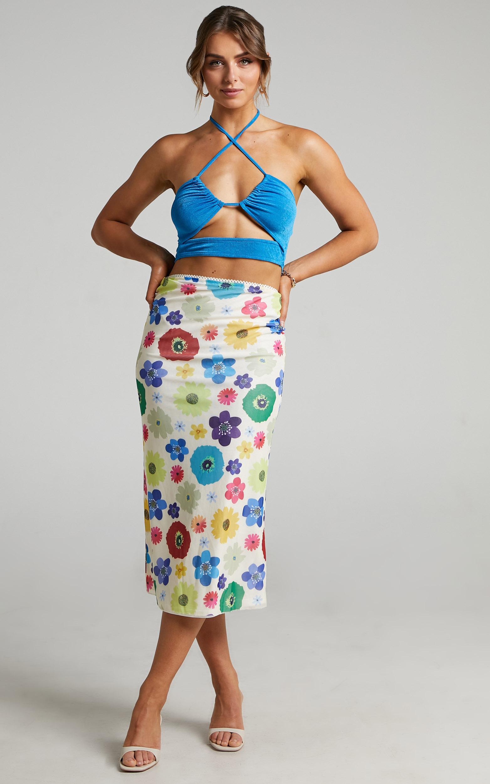 Leontine Cropped Cut out Halter Top with ties in Blue - 06, BLU1, hi-res image number null