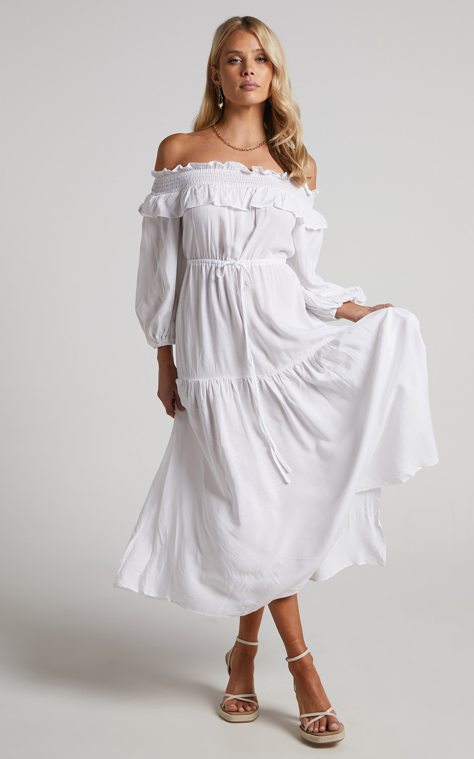 Millania Midi Dress - Off Shoulder Long Sleeve Tiered Dress in White - 04, WHT1, hi-res image number null