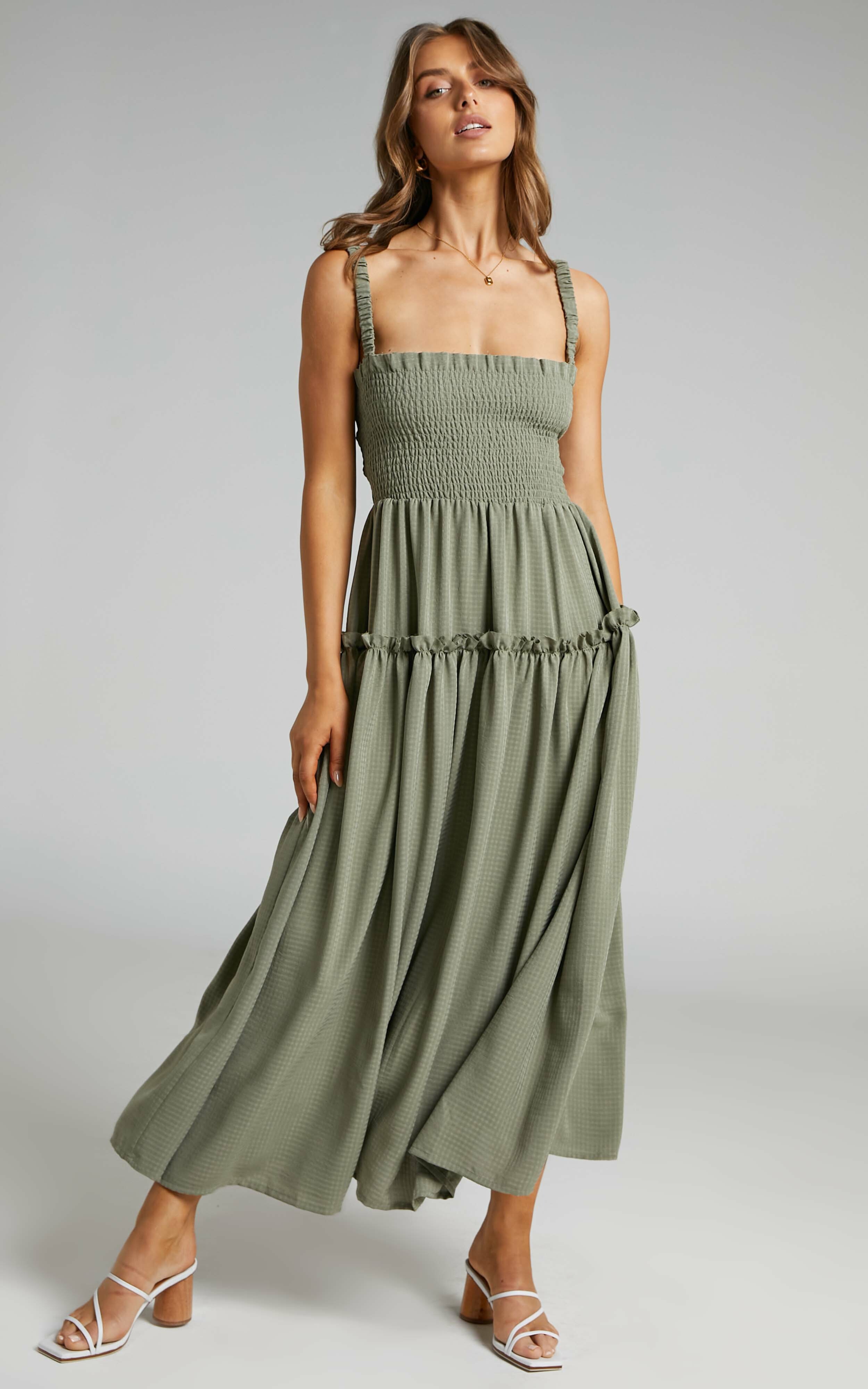 Khayeen Shirred Bodice Maxi Dress in Khaki - 04, GRN1, hi-res image number null