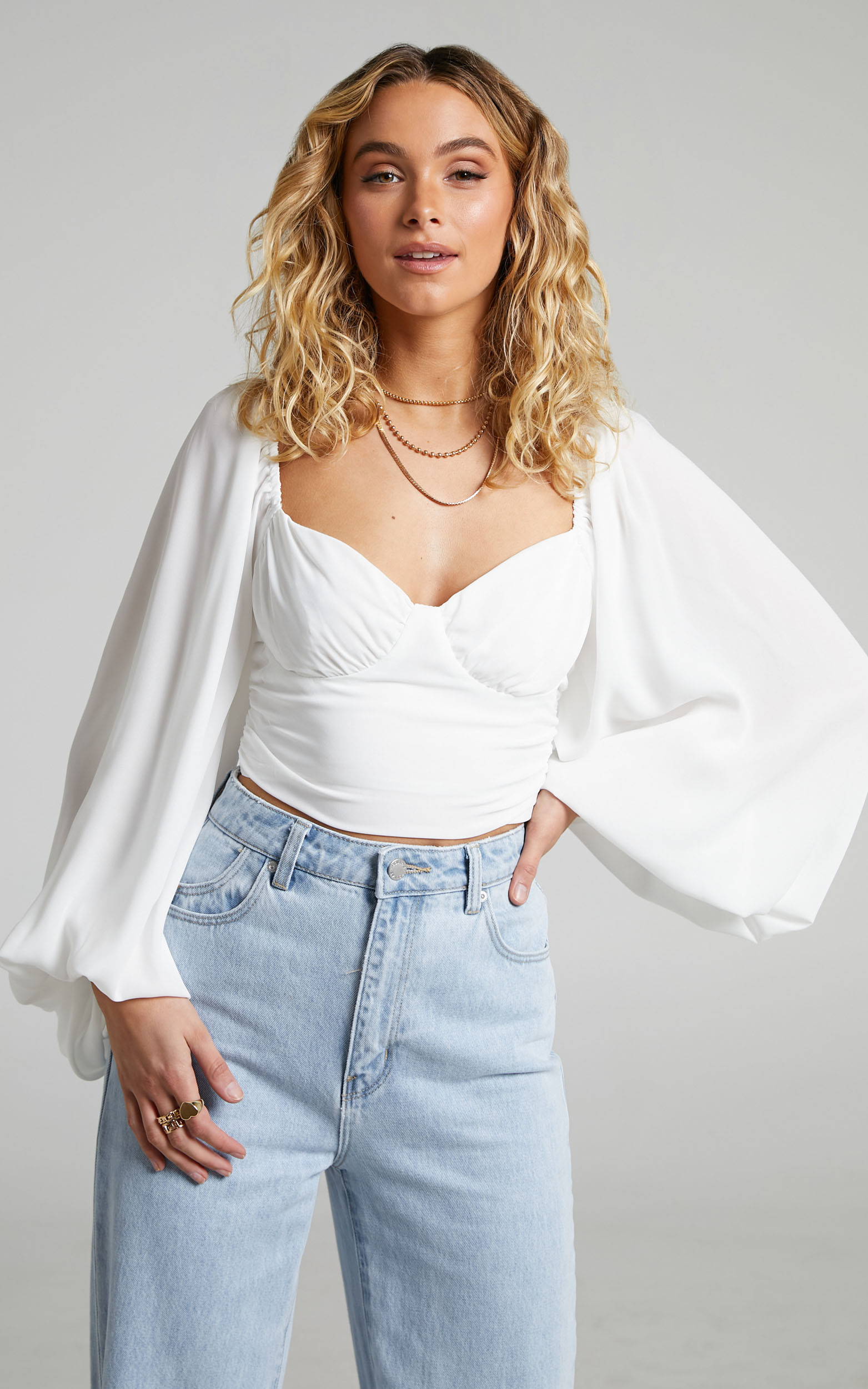 Follan Long Sleeve Shirred Back Bustier Crop Top in White - 04, WHT1, hi-res image number null