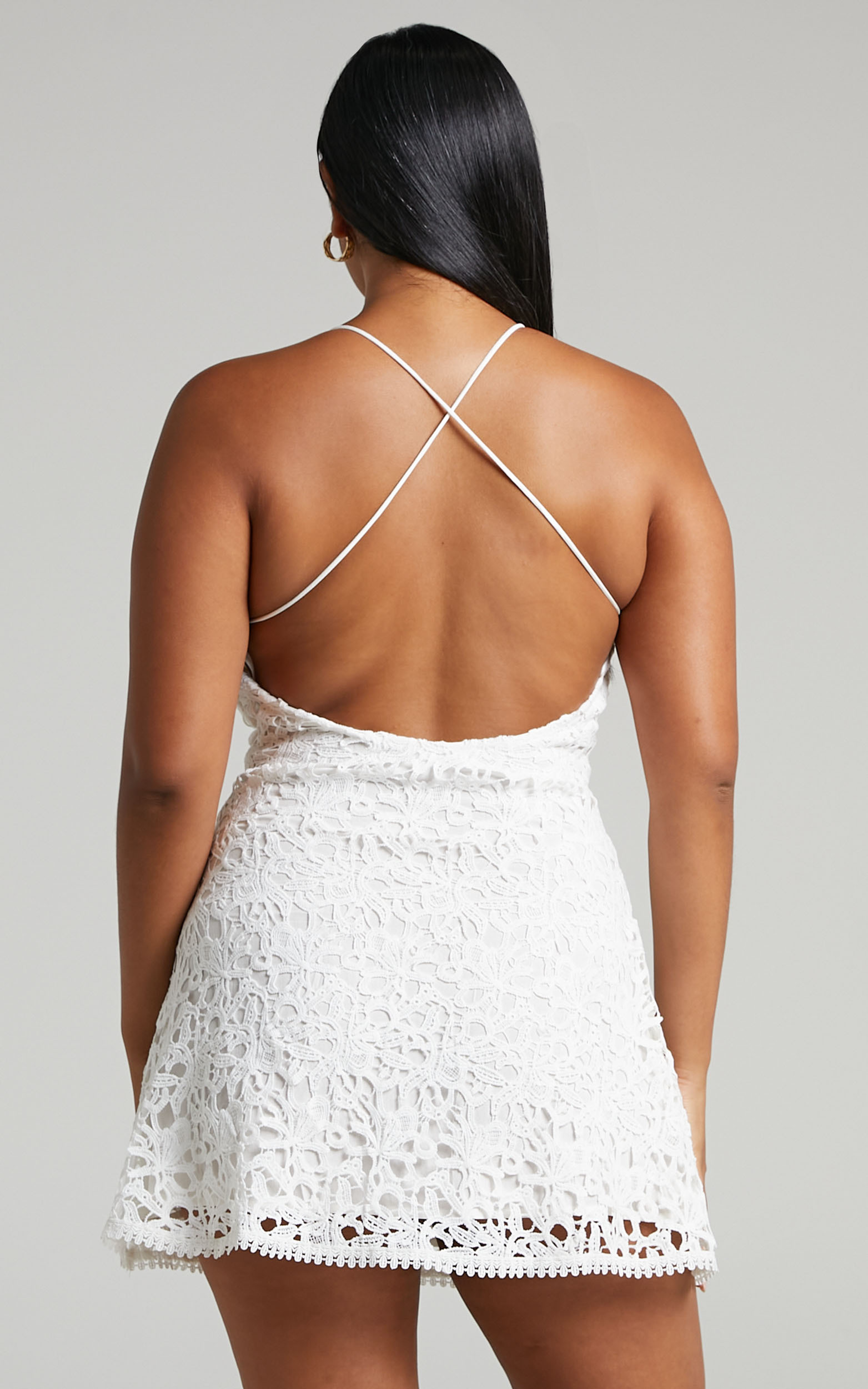 Megumi Cross Back High Neck Mini Dress in Broderie Lace in White - 04, WHT1, hi-res image number null