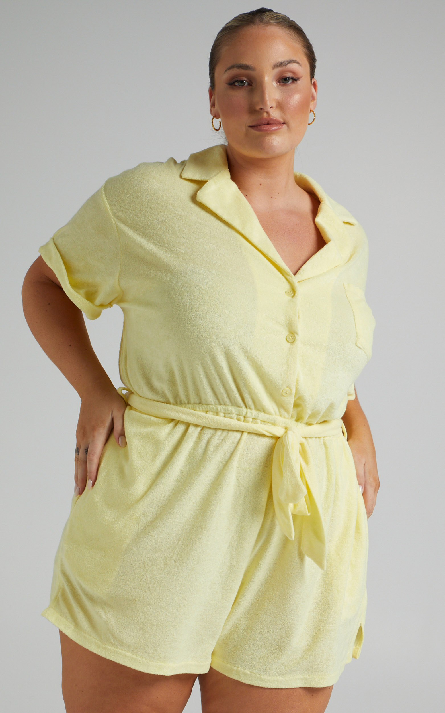 Akaithy Terry Towelling Collared Playsuit in Lemon - 04, YEL2, hi-res image number null