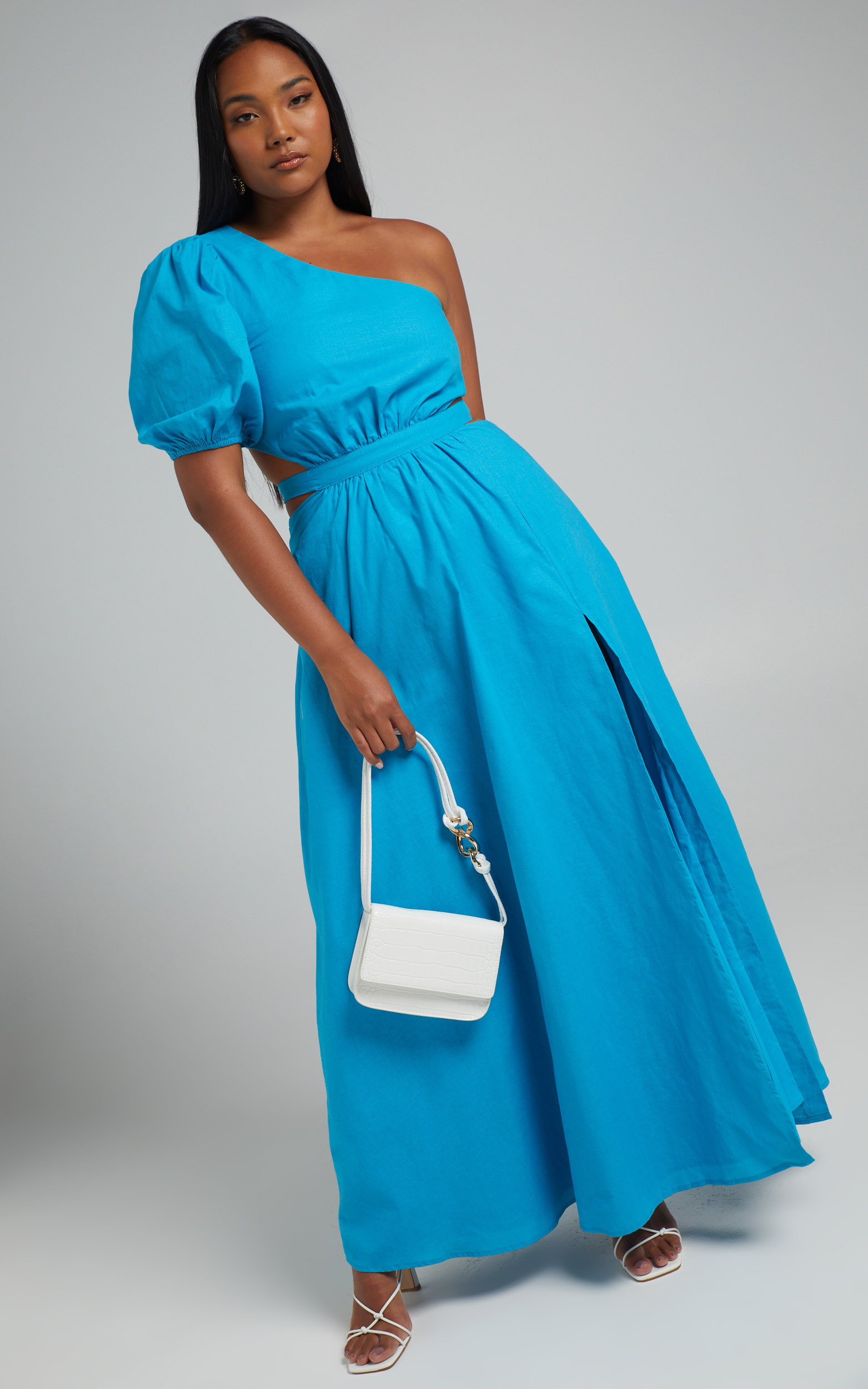 Cedie One Shoulder Puff Sleeve Maxi Dress in Blue - 04, BLU1, hi-res image number null