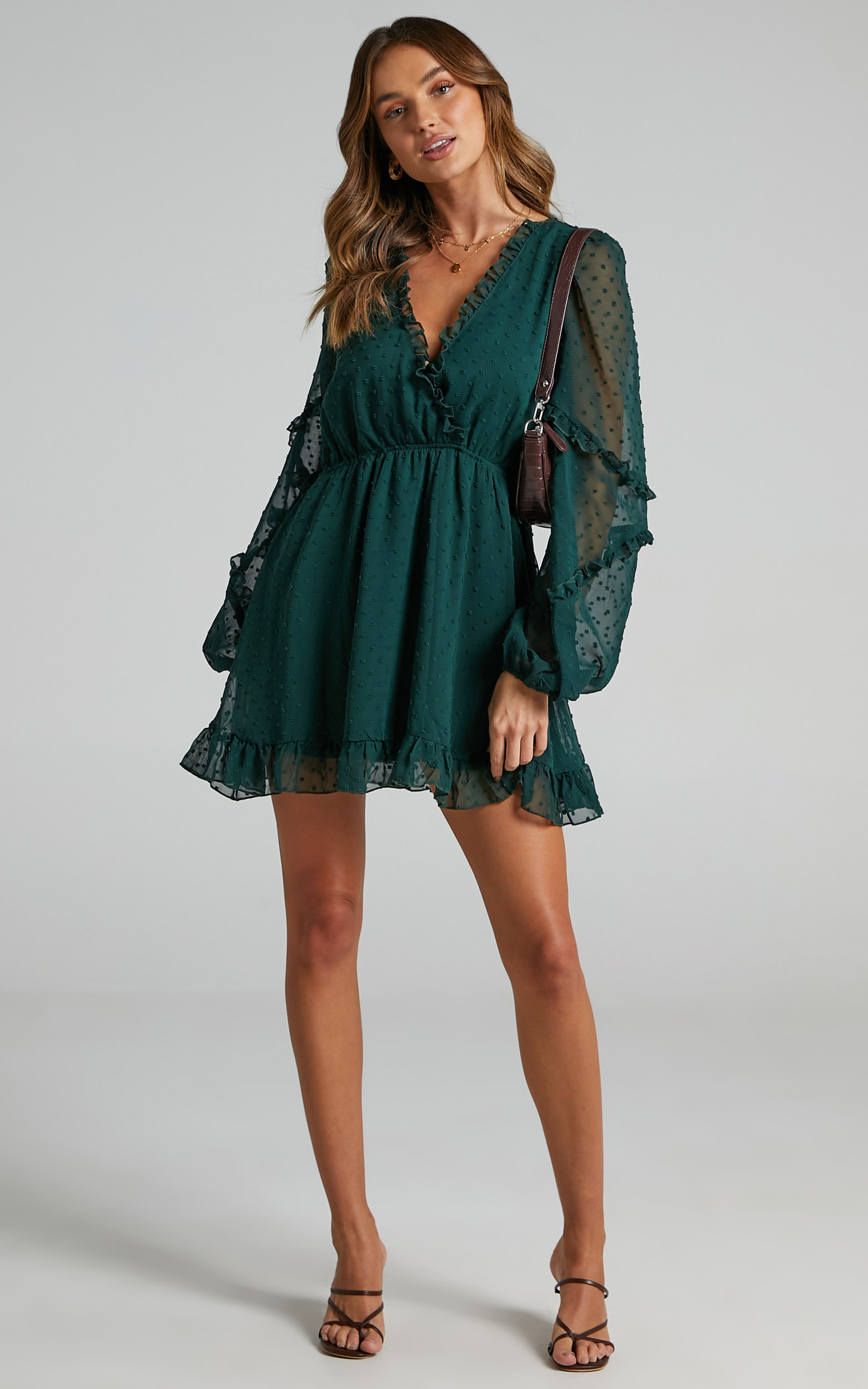 Sancha Long Sleeve Frill Mini Dress in Emerald - 06, GRN3, hi-res image number null