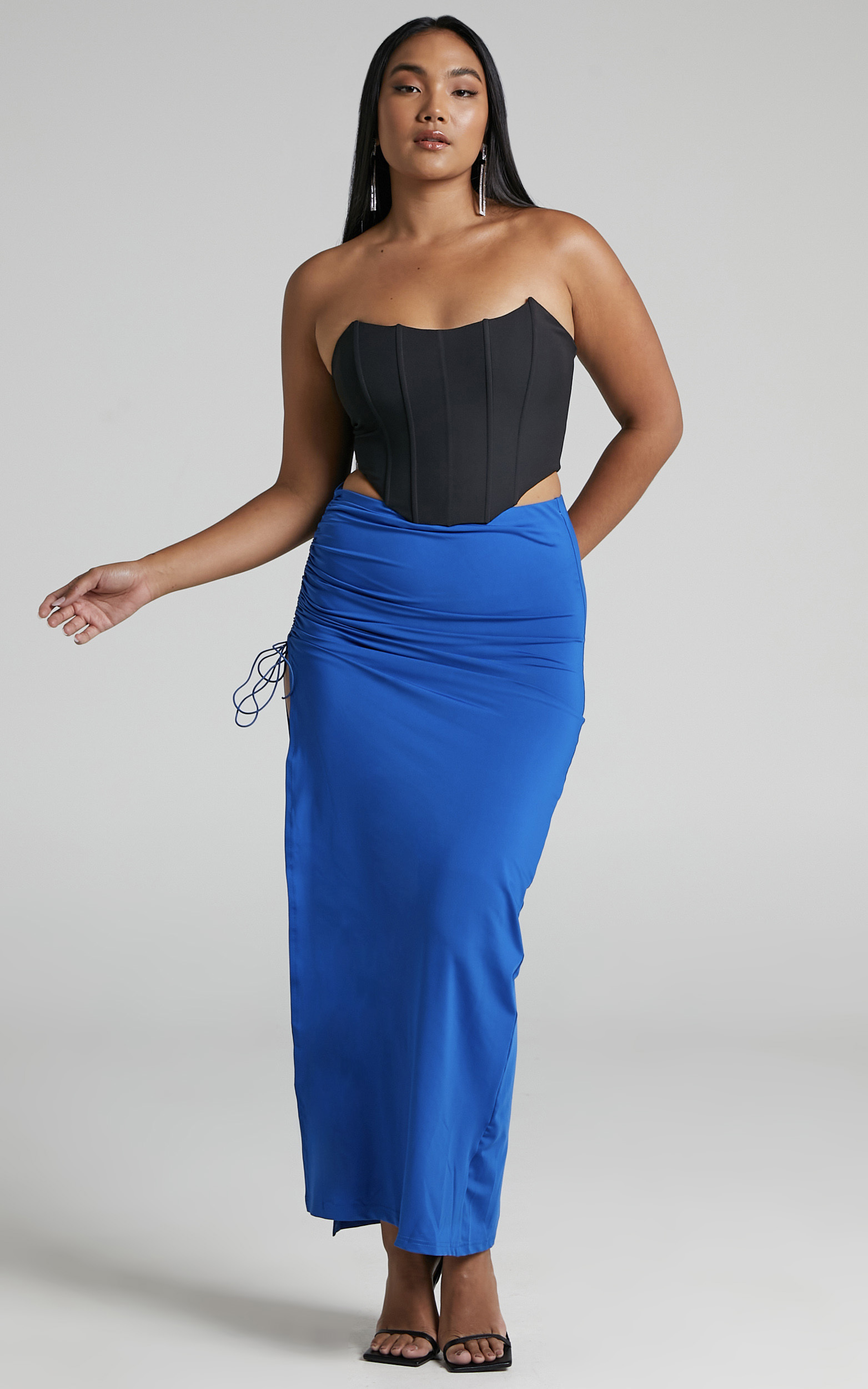 Jiraah Ruched Bodycon Side Split Maxi Skirt in Blue - 04, BLU1, hi-res image number null