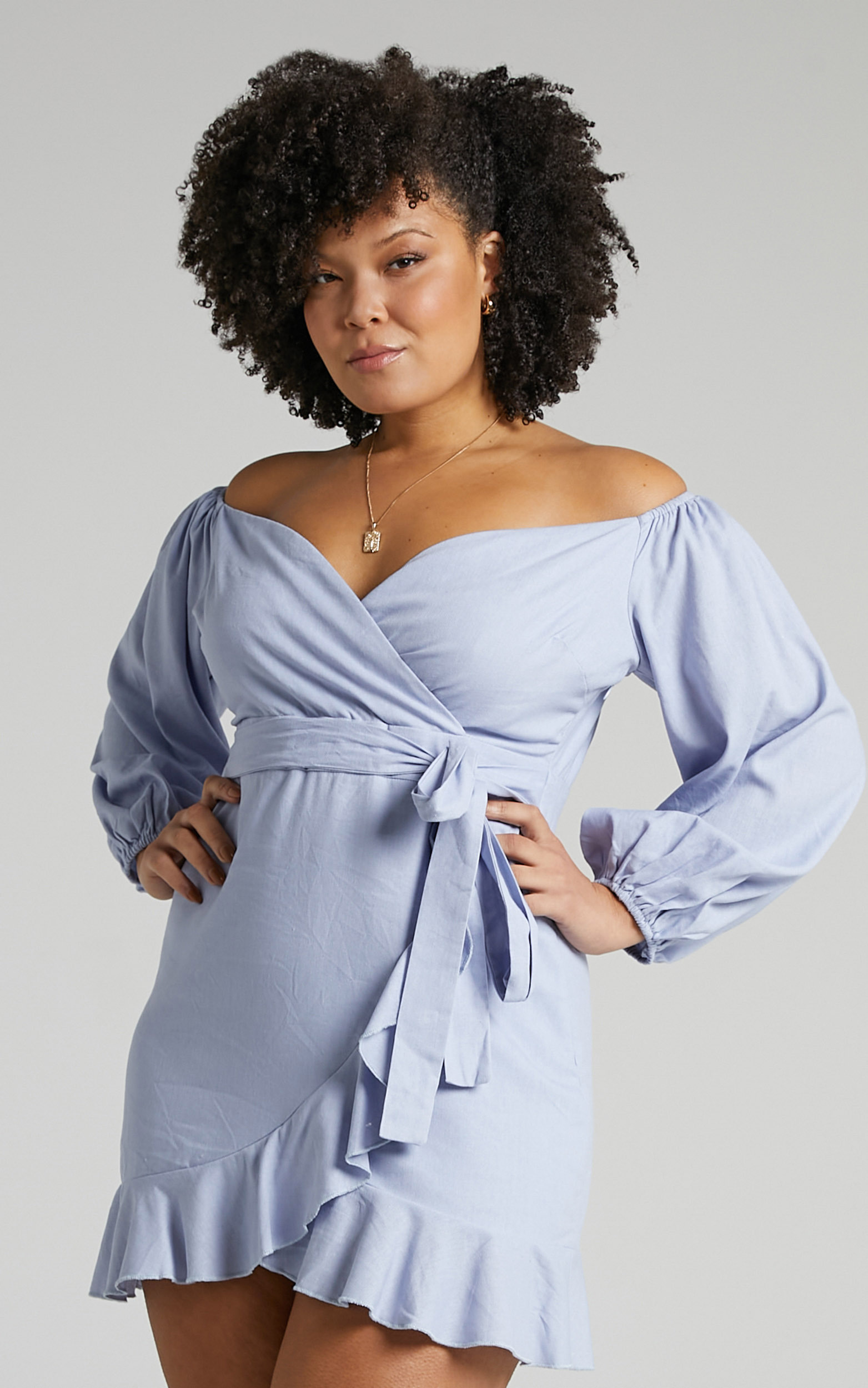 Cant Move On Off Shoulder Mini Dress in Powder Blue Linen Look - 20, BLU2, hi-res image number null