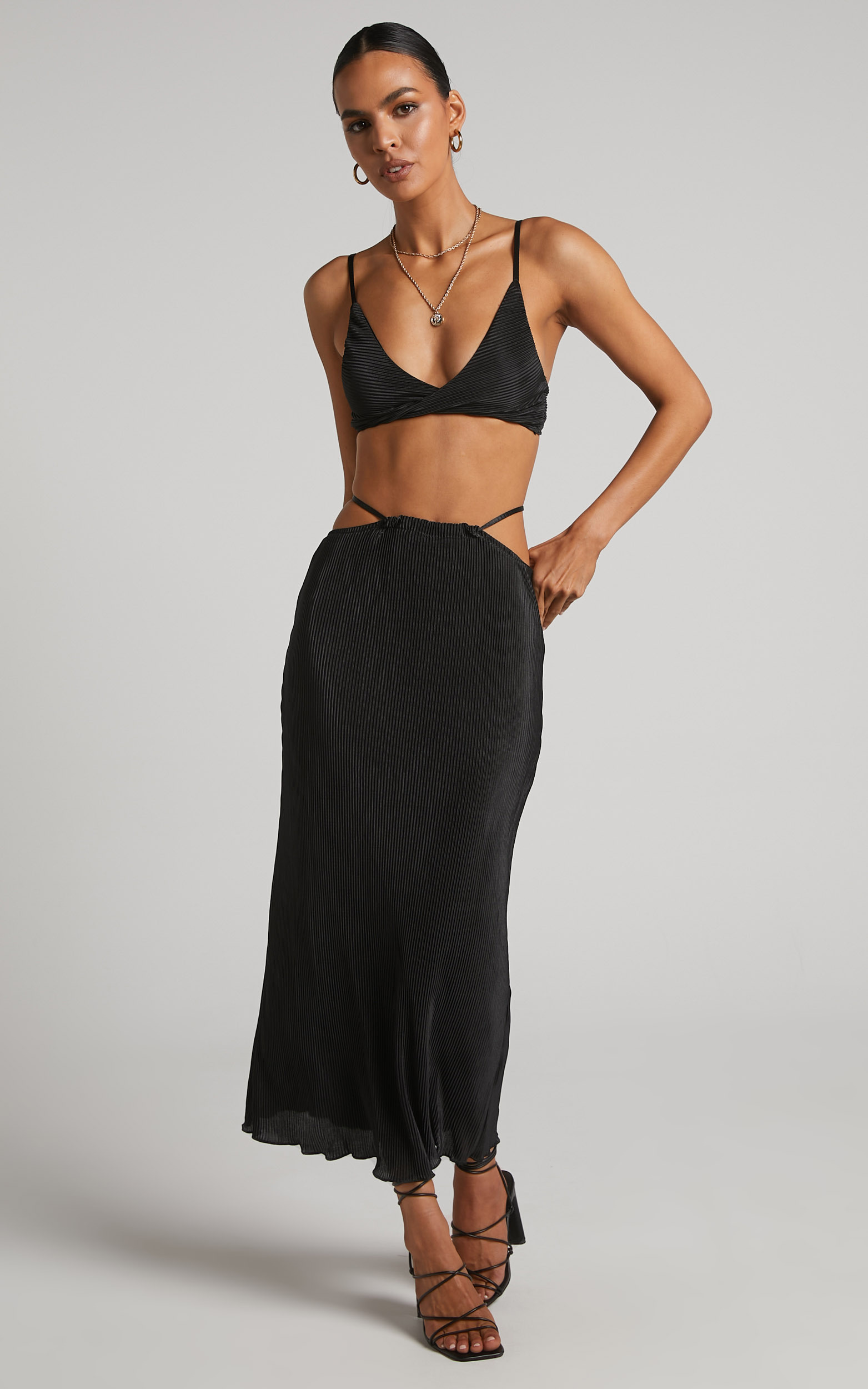 Elowen Two Piece Set - Plisse Twist Front Crop Top and Midi Skirt in Black - 04, BLK1, hi-res image number null