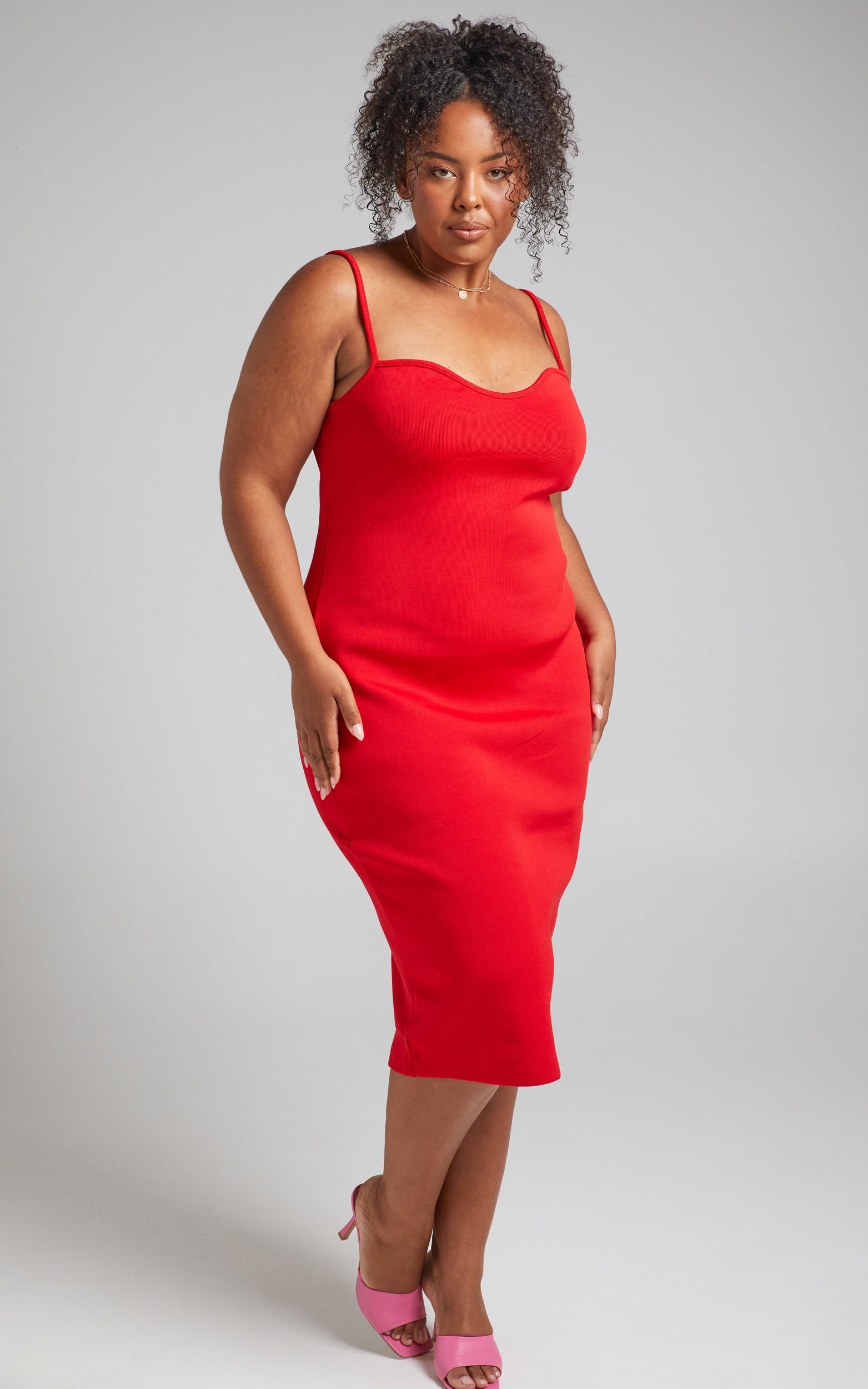 Larah Bodycon Sweetheart Neckline Midi Dress in Red - 04, RED2, hi-res image number null