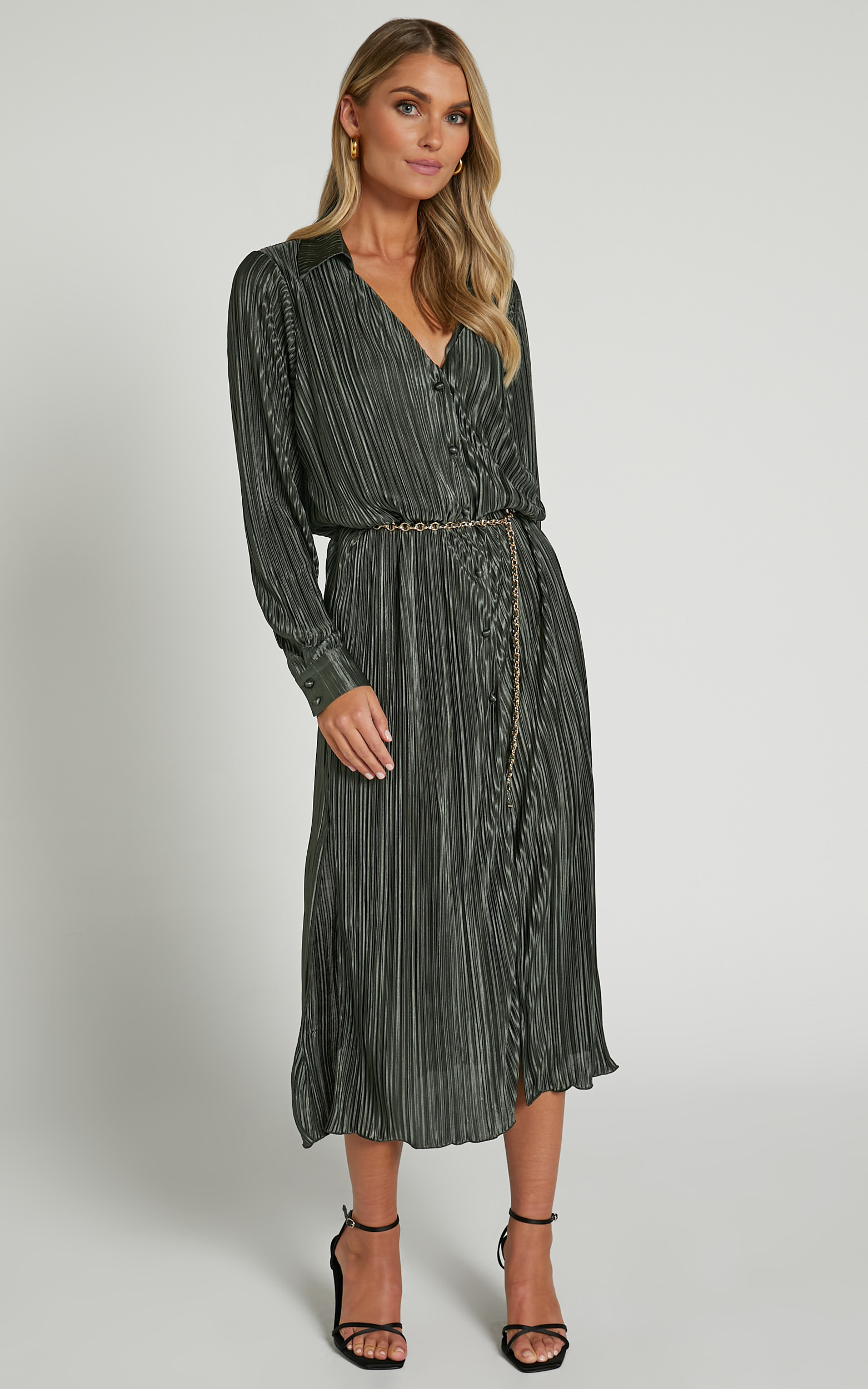 Donelli Plisse Oversized Collared Shirt Midi Dress in Olive - 06, GRN1, hi-res image number null