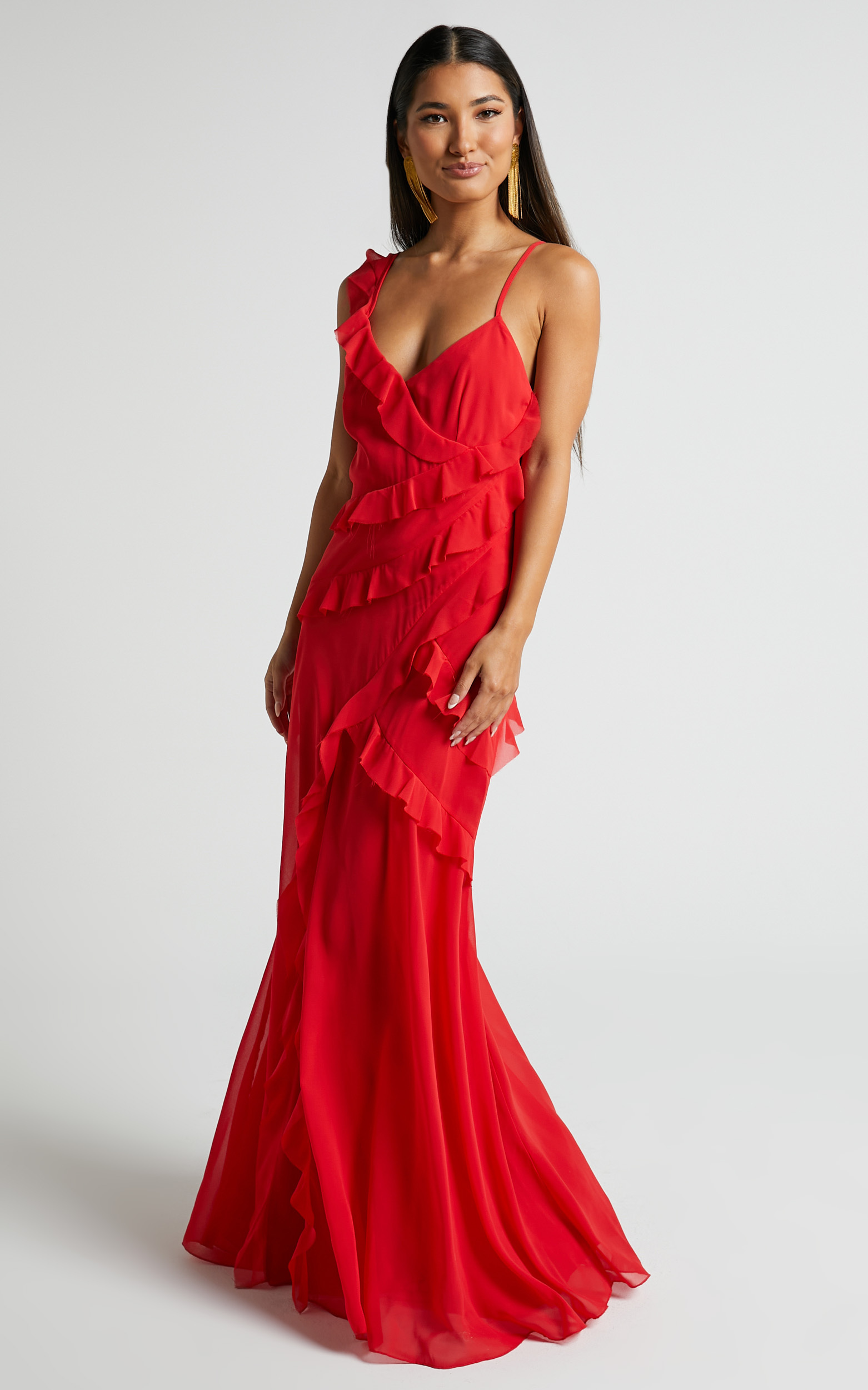 Nitha Asymmetrical Raw Edge Frill Thigh Slit Maxi Dress in Red | Showpo