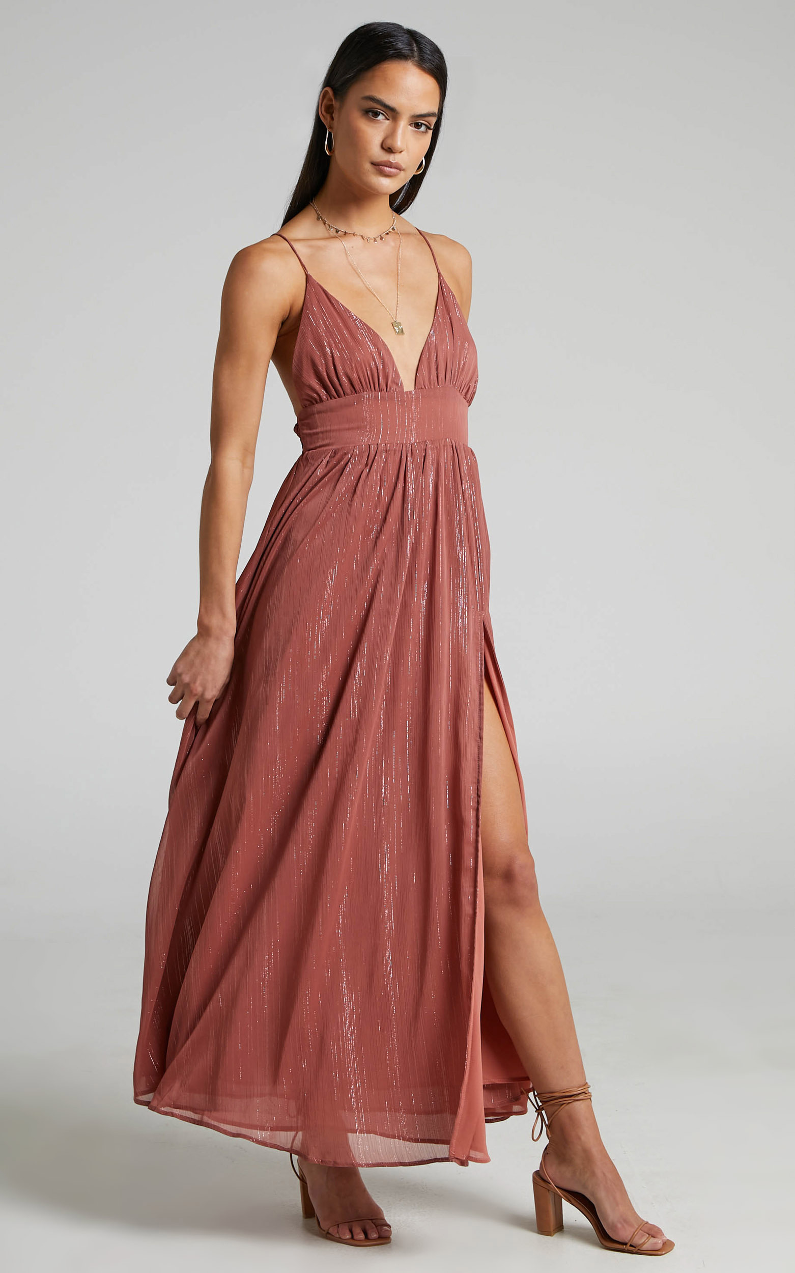 Indiana Gathered Plunge Maxi Dress in Dusty Rose - 06, PNK1, hi-res image number null
