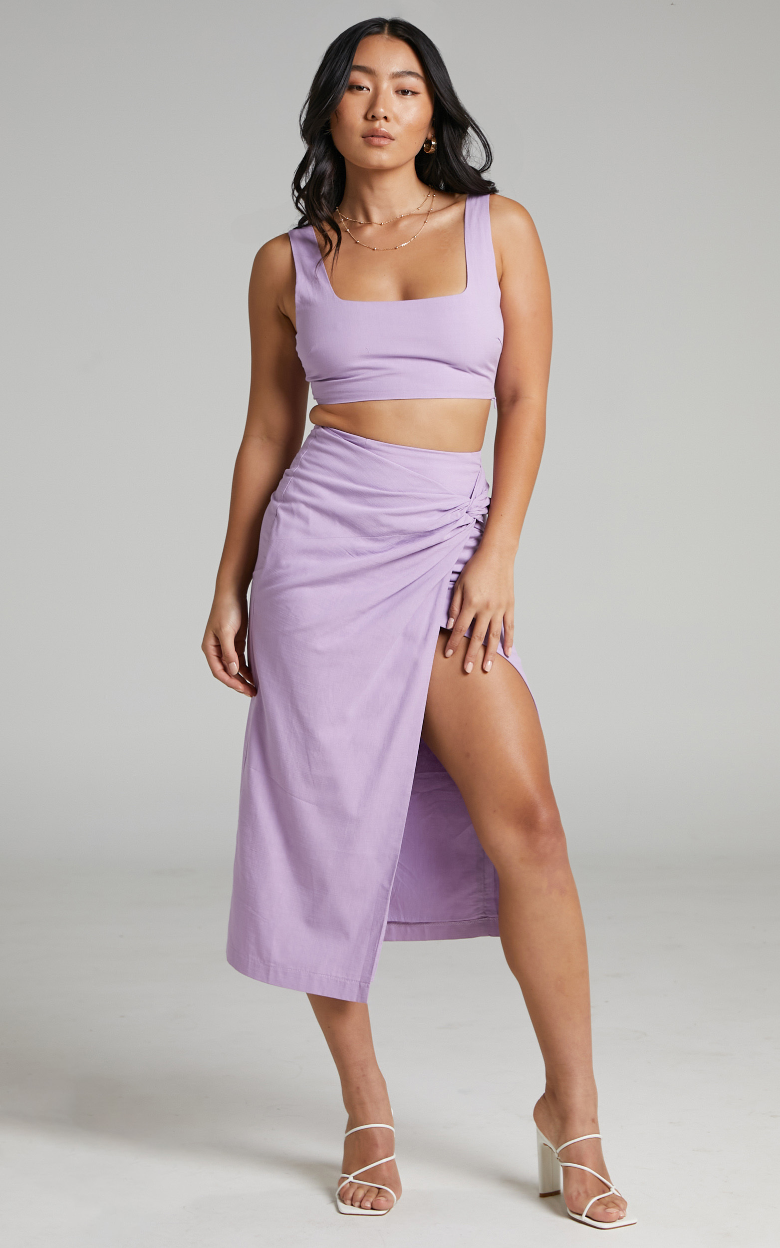 Gibson Crop Top and Knot Front Midi Skirt Two Piece Set in Lilac - 04, PRP1, hi-res image number null