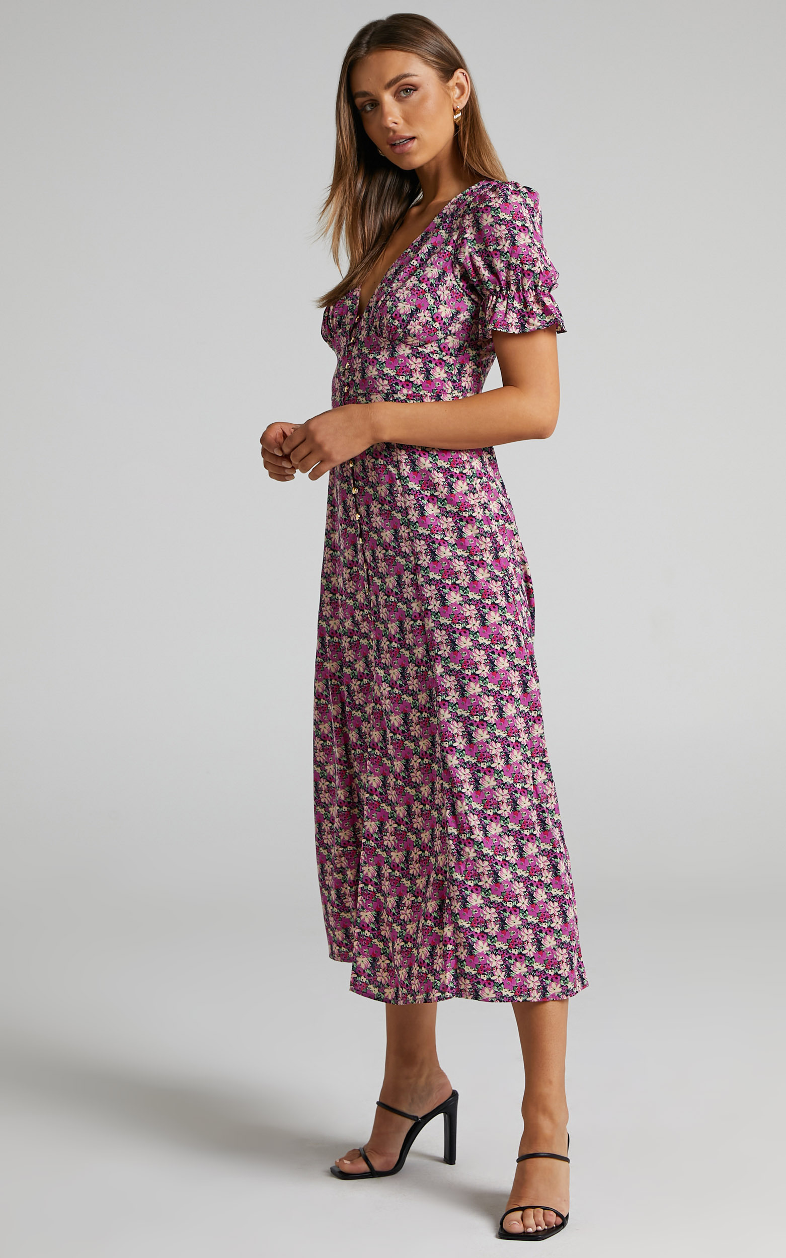 Adalina Short Puff Sleeve Button Down Maxi Dress in Floral - 06, PRP1, hi-res image number null