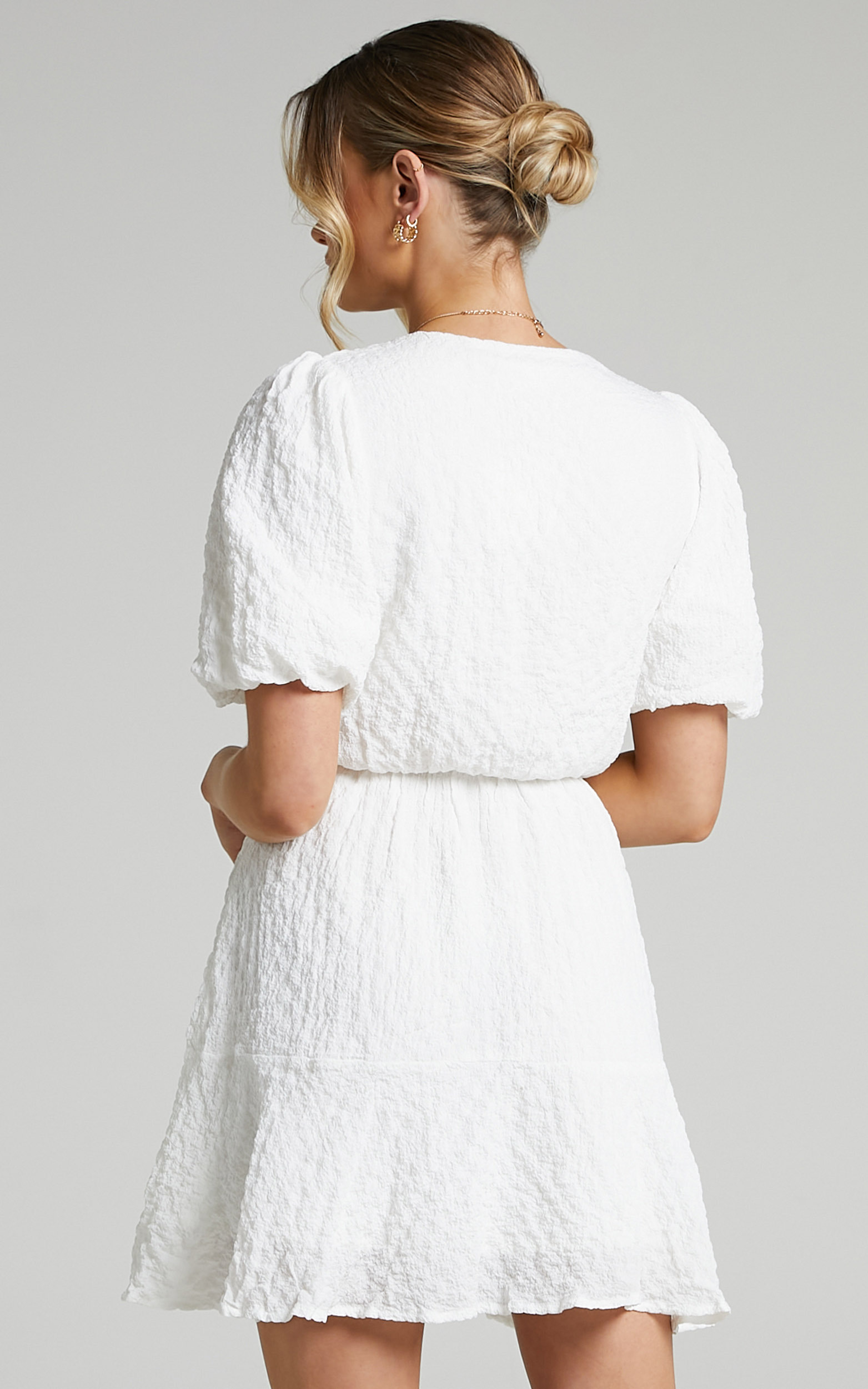 Rosalei Puff Sleeve Tie Front Mini Dress in White | Showpo