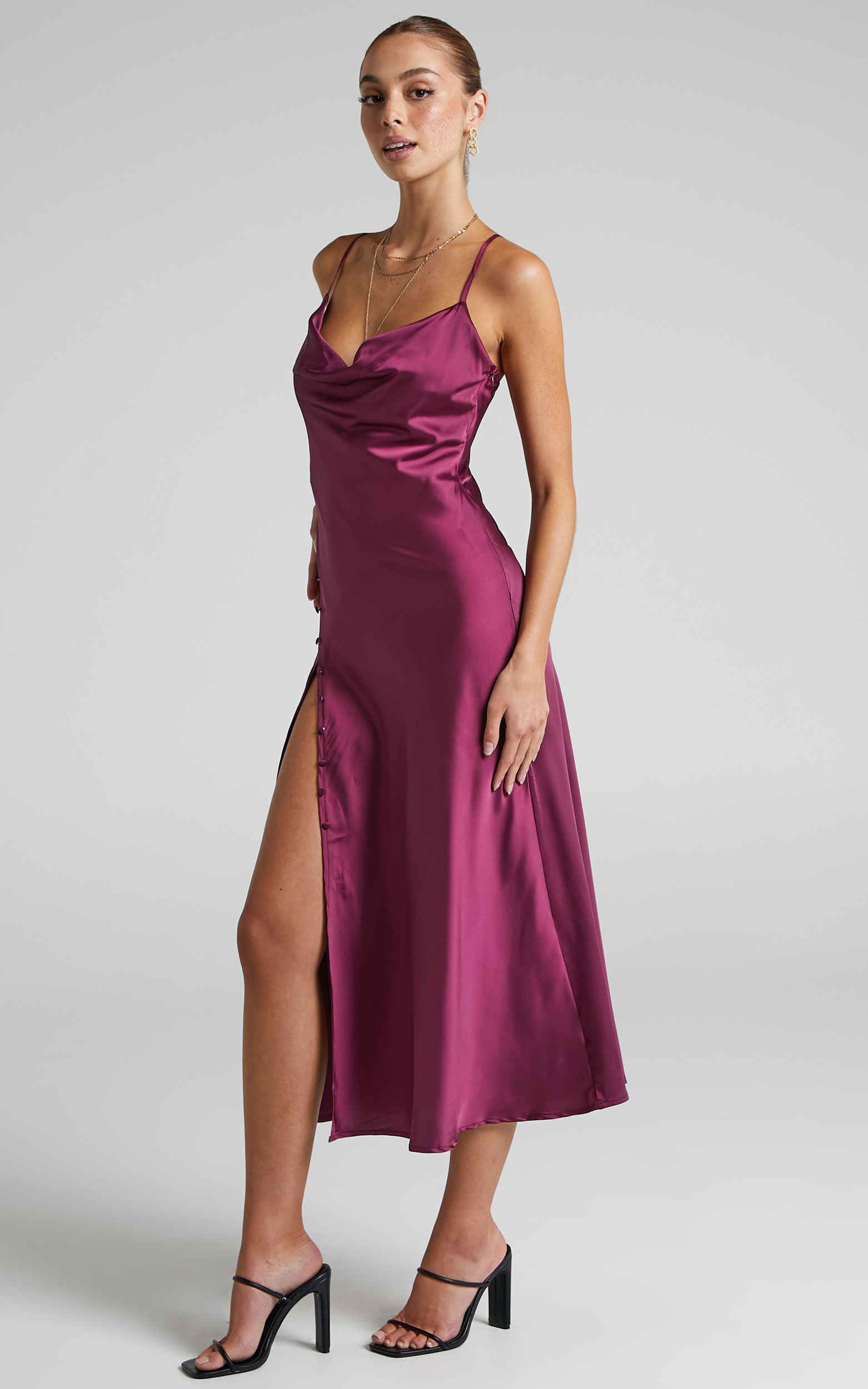 Flordeliza Thigh Slit Midi Slip Dress in Wine - 04, WNE3, hi-res image number null