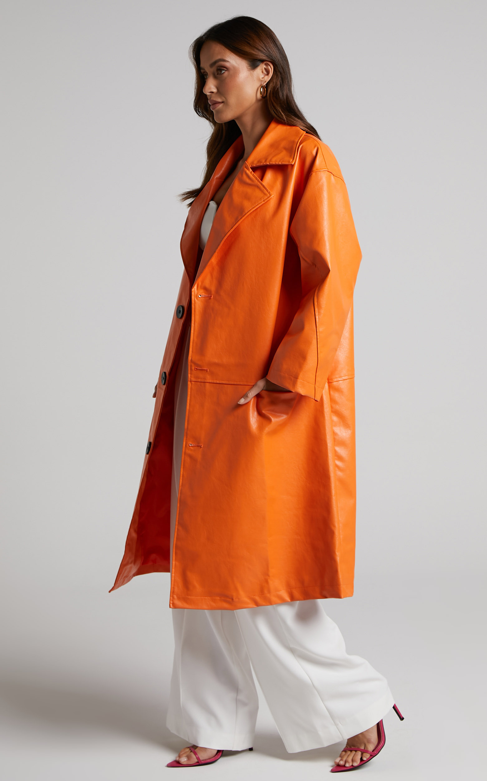 Birdie Trench Coat - Faux Leather Longline Coat in Orange - L, ORG1, hi-res image number null