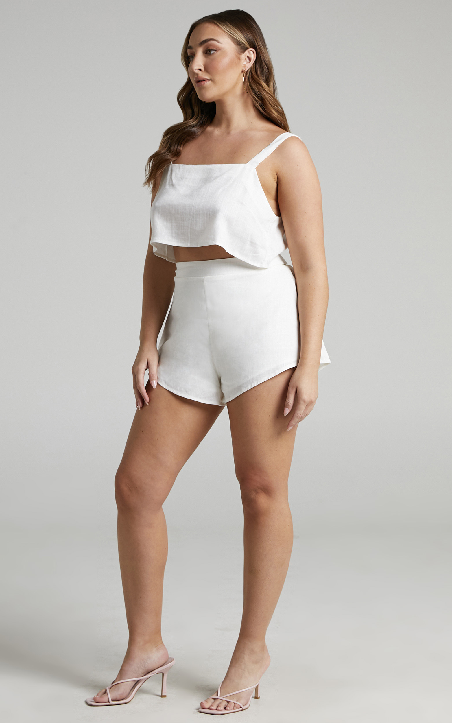 Zanrie Square Neck Crop Top and High Waist Mini Flare Shorts in White Linen Look - 14, WHT5, hi-res image number null