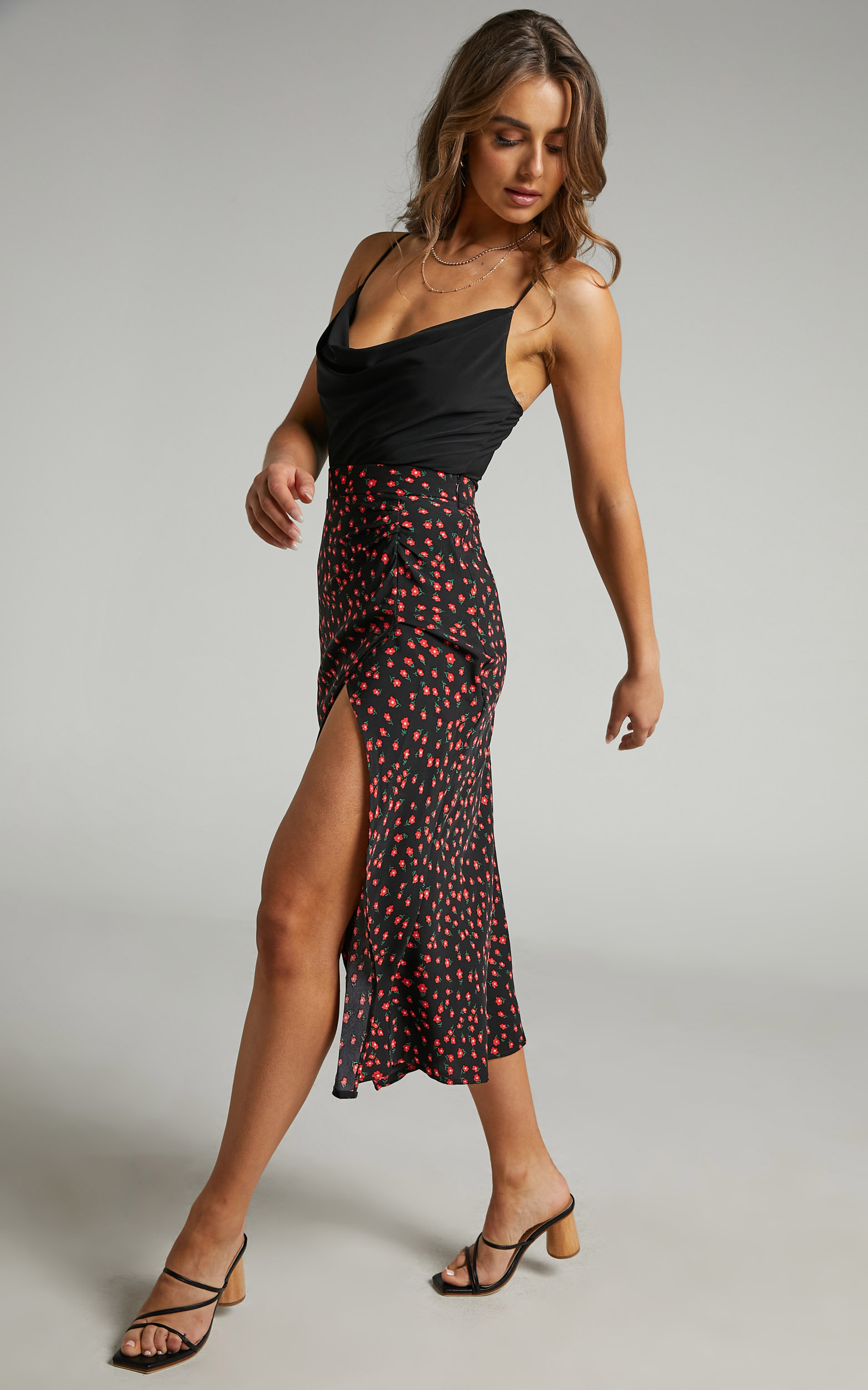 Evelyn Midi Skirt with Side Split in Black Floral - 06, BLK1, hi-res image number null