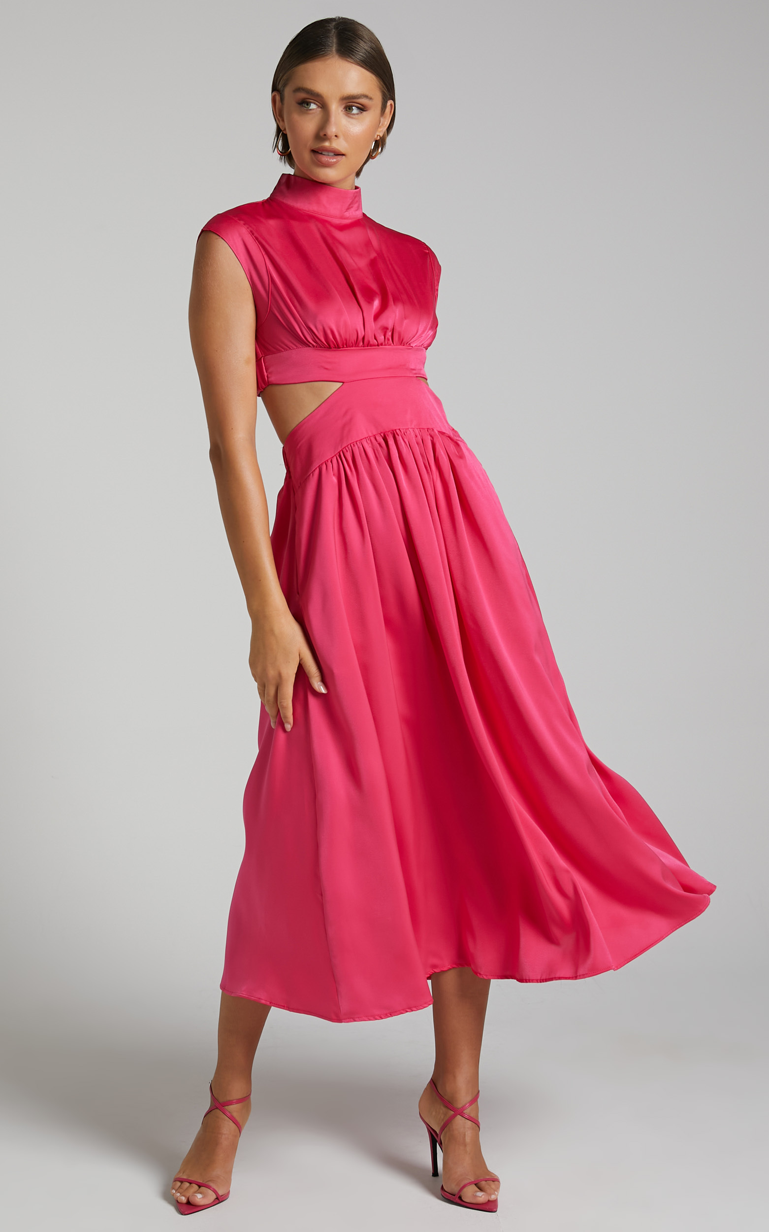 Natalyah Midi Dress - Mock Neck Cut Out Gathered Dress in Pink - 06, PNK1, hi-res image number null