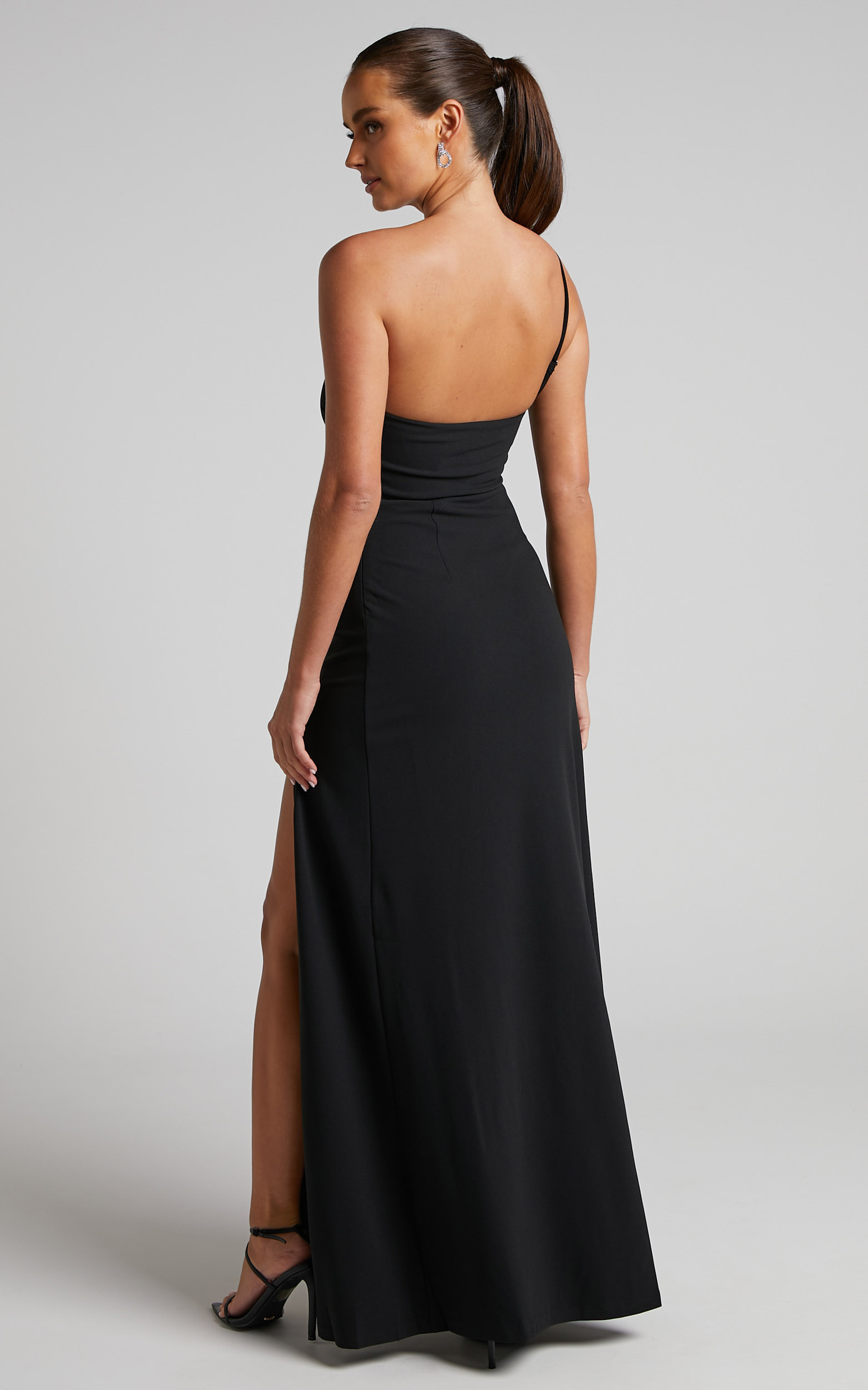 Magnaye Maxi Dress - One Shoulder Thigh Split Dress in Black | Showpo