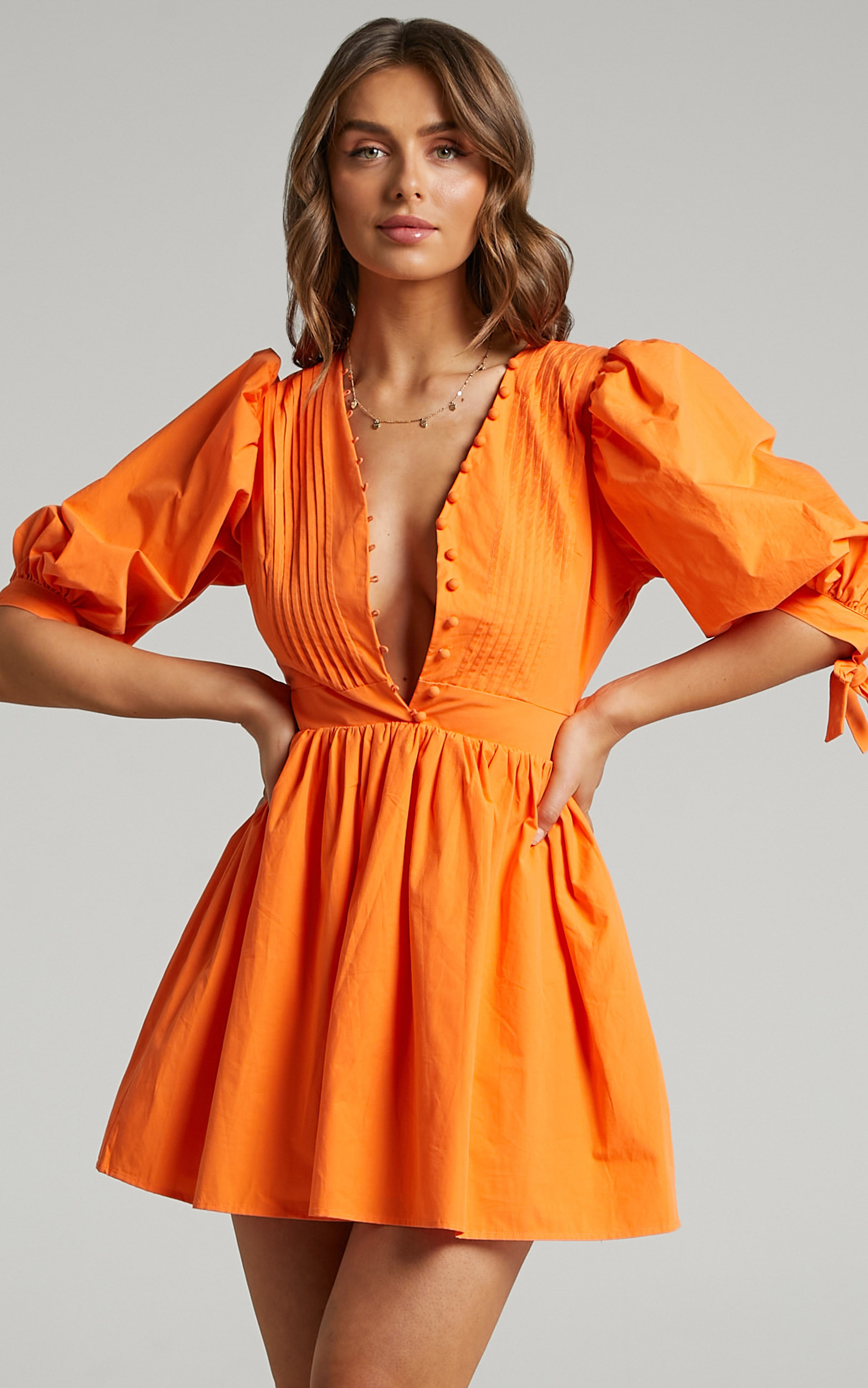 Zandra Puff Sleeve Poplin Mini Dress in Orange - 04, ORG3, hi-res image number null