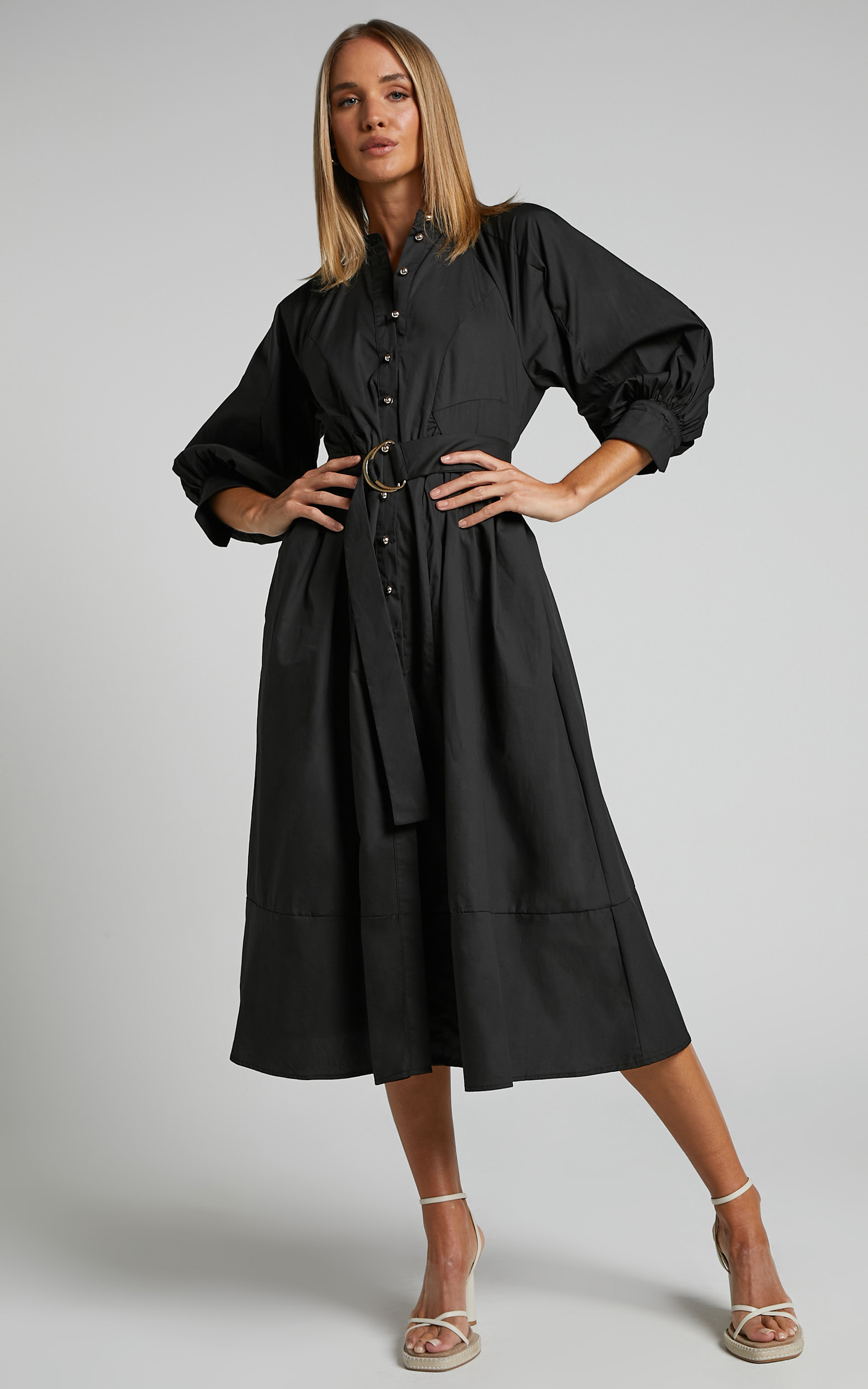 Deandra Midi Dress - Button Up Long Sleeve Belted Dress in Black - 06, BLK1, hi-res image number null
