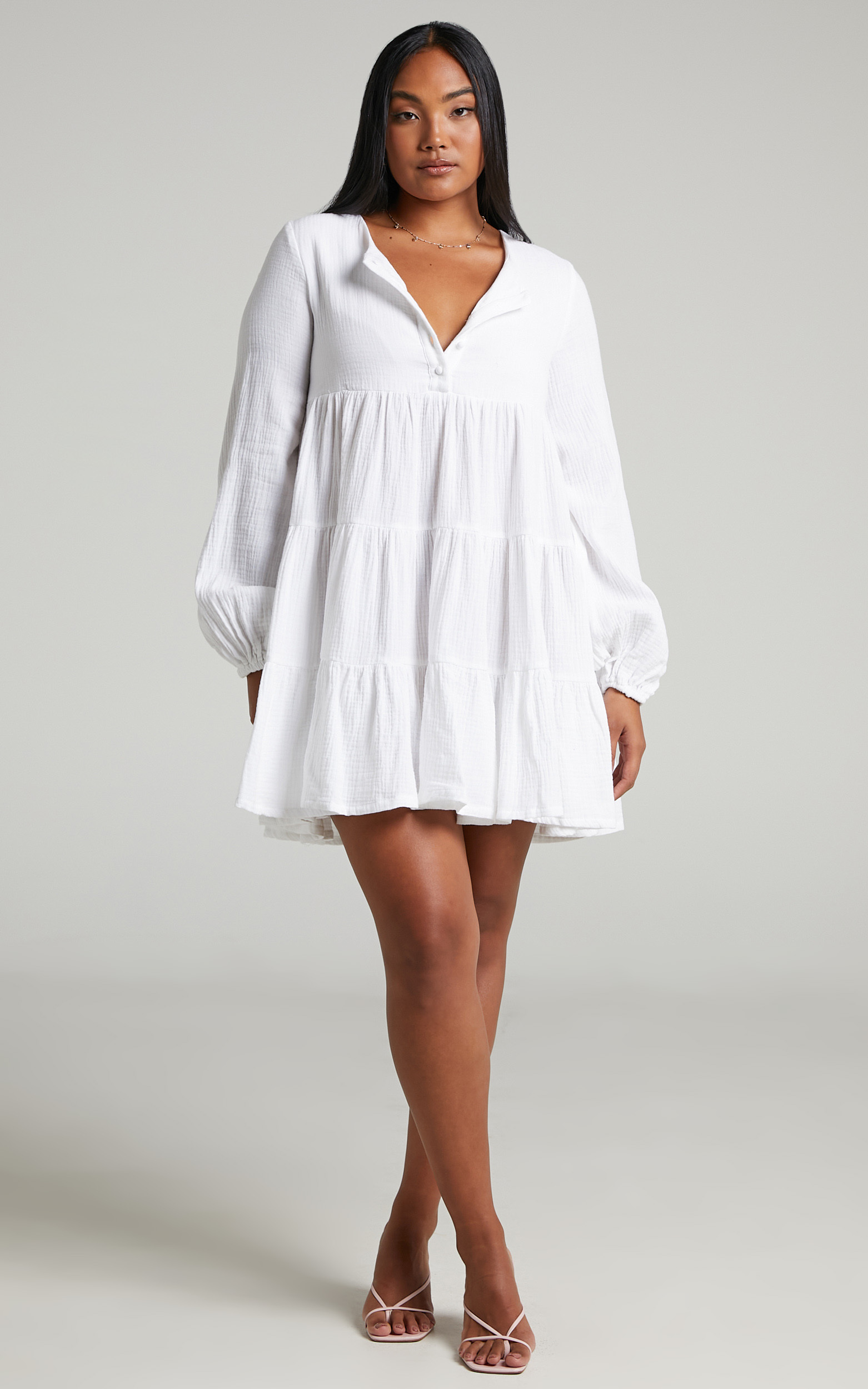 Amalia Long Sleeve Mini Smock Dress in White - 06, WHT4, hi-res image number null