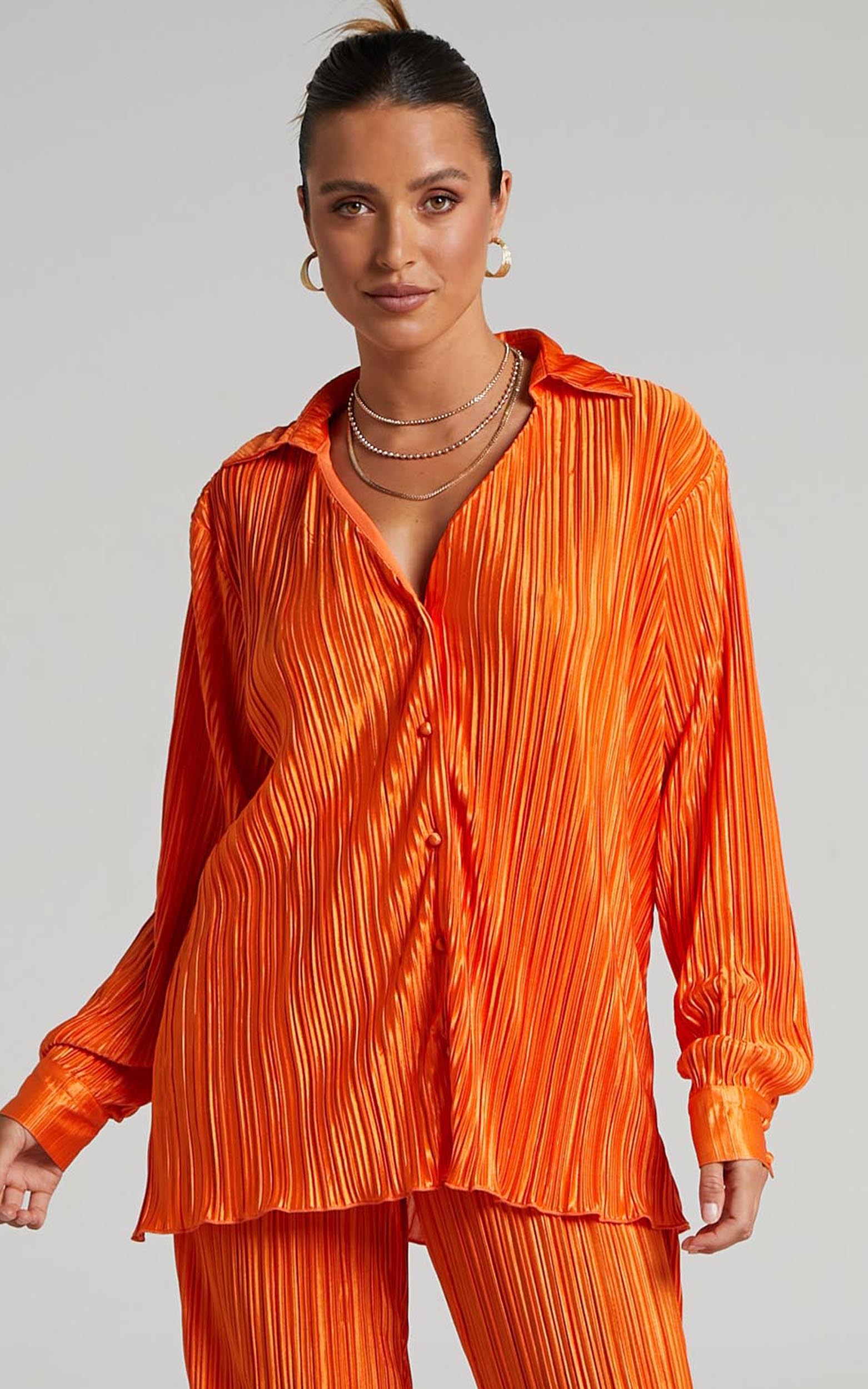 Beca Plisse Button up Shirt in Bright Orange - 06, ORG6, hi-res image number null