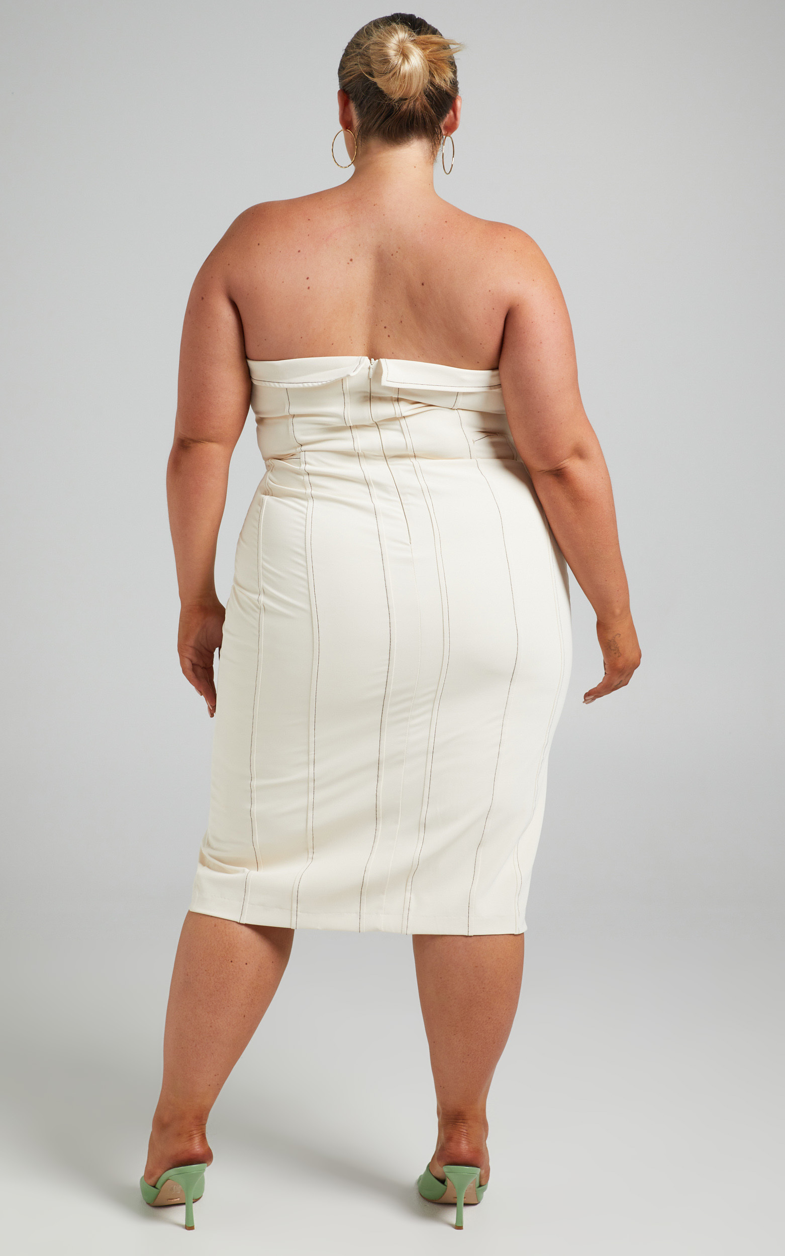 Paulina Strapless Contrast Detail Midi Dress in Beige | Showpo USA