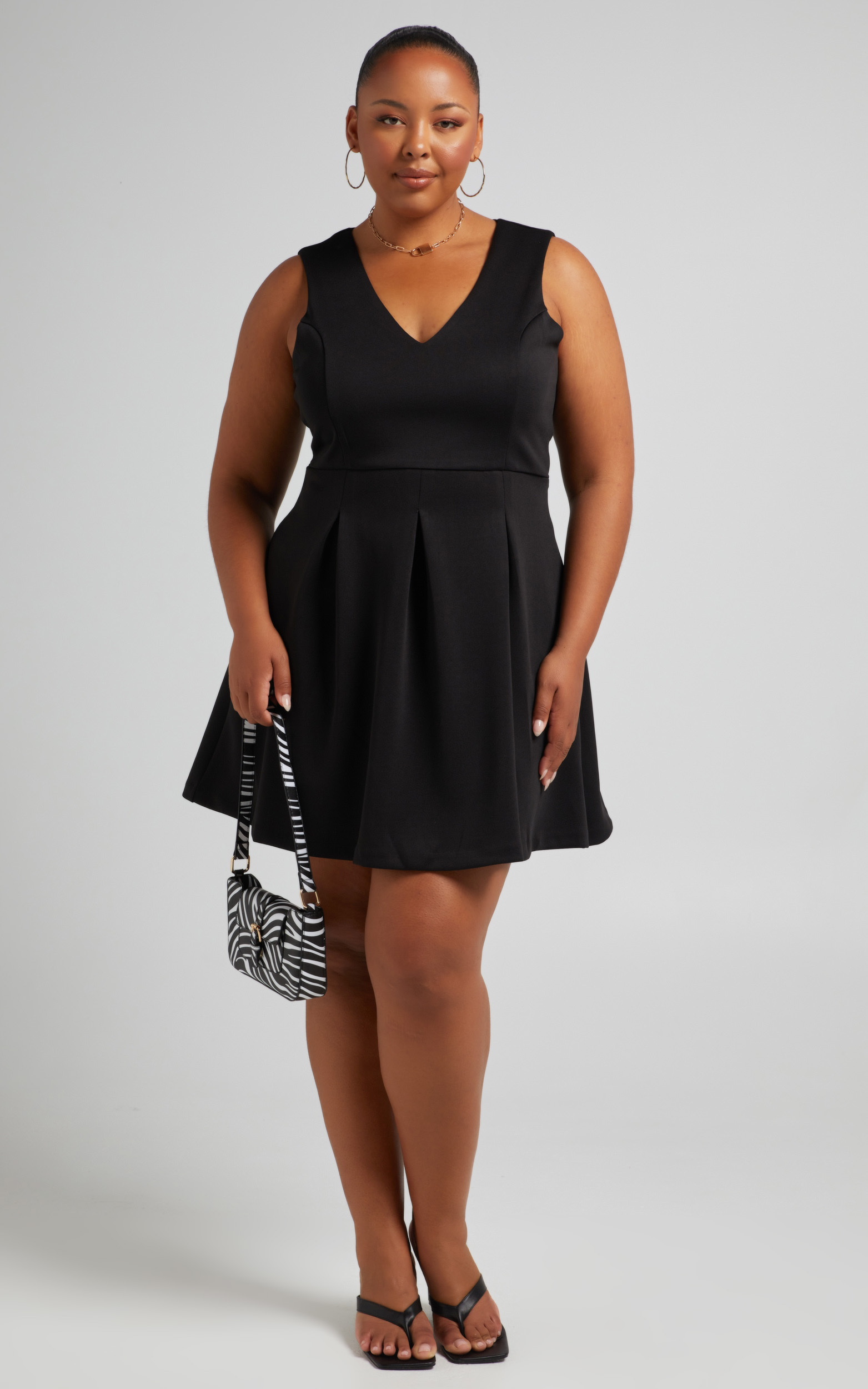 Jossy Mini V Neckline Dress with Flared Skirt in Black - 04, BLK1, hi-res image number null