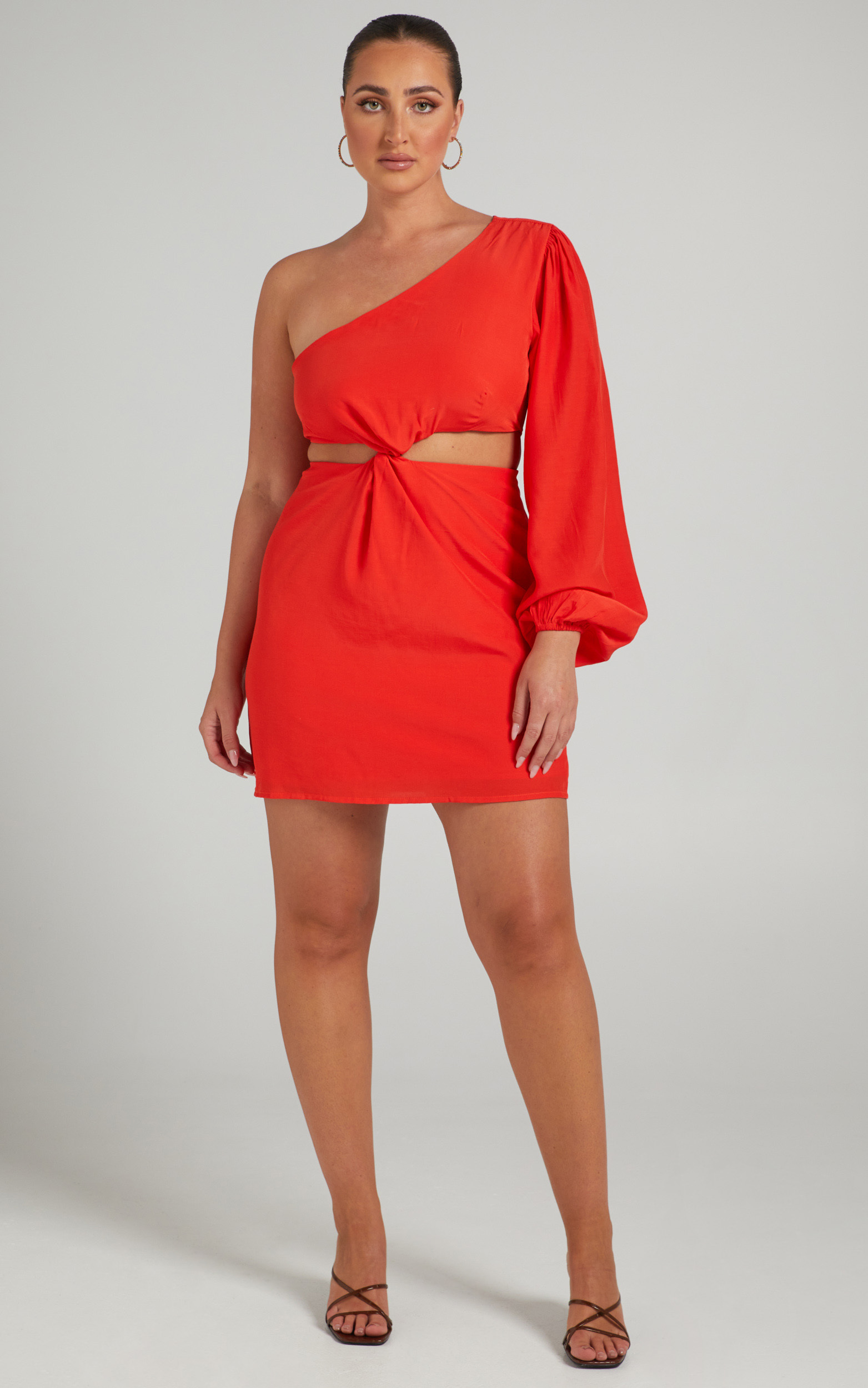 Glannica One Shoulder Mini Dress with Twist Front in Red - 06, RED2, hi-res image number null