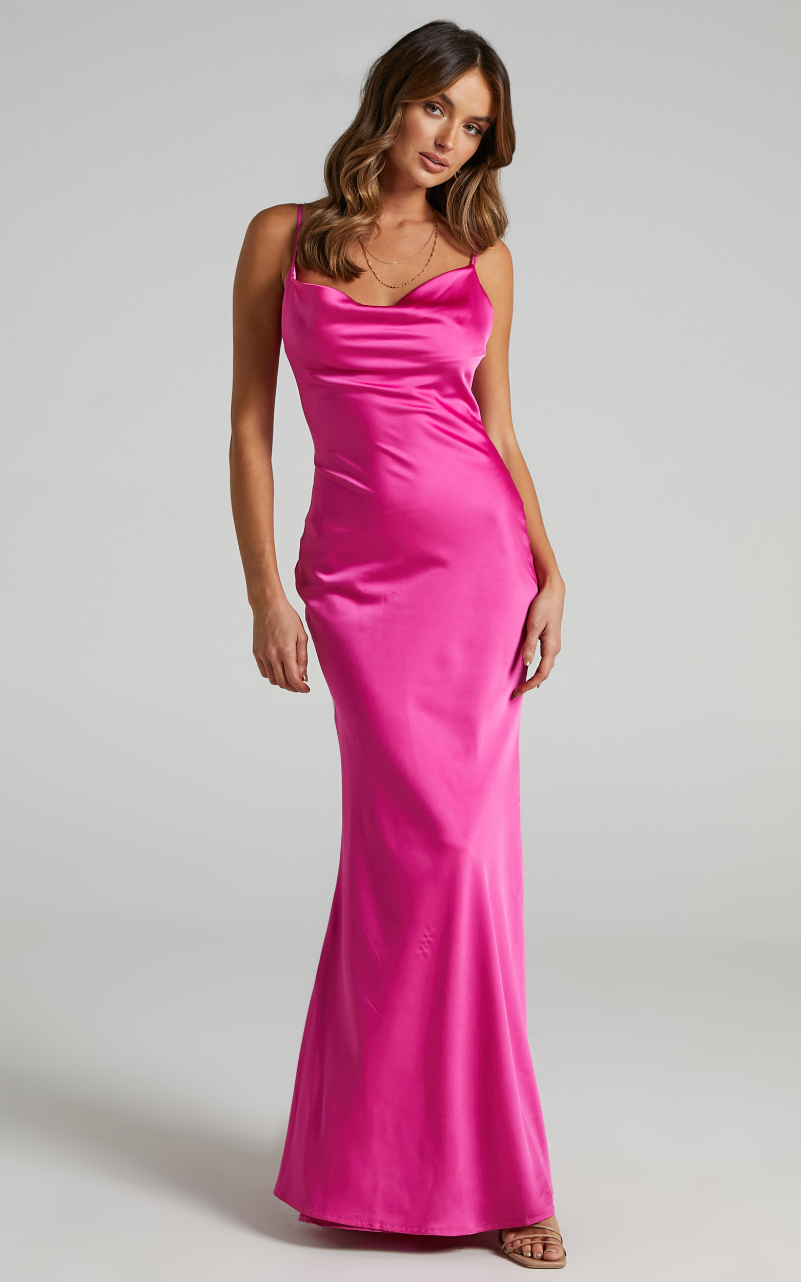 Lunaria Cowl Mermaid Maxi Slip Dress in Hot Pink Satin - 06, PNK1, hi-res image number null